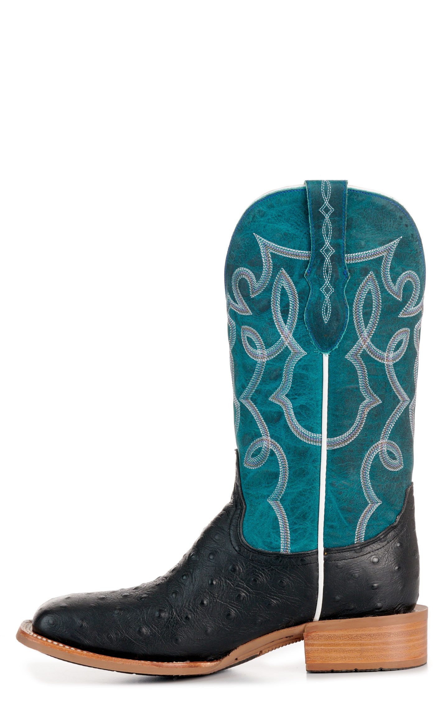 Cavender’s Women’s Intrepid Black Ostrich Print and Turquoise Wide Square Toe Cowboy Boots  - Image 1