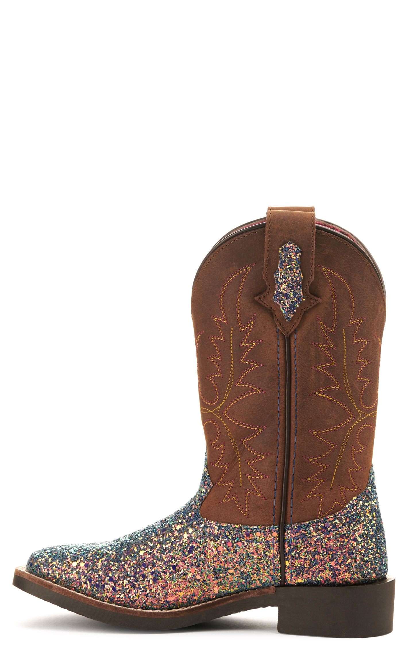 Smoky Mountain Girls Crazy Horse Brown and Mermaid Glitter Wide Square Toe Cowboy Boot - Image 1