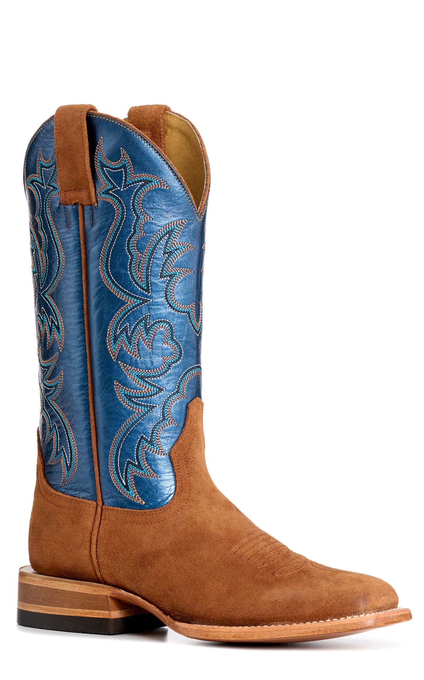 Cavender's Women's Cognac Suede Metallic Blue Wide Square Toe Cowboy Boots - Image 1