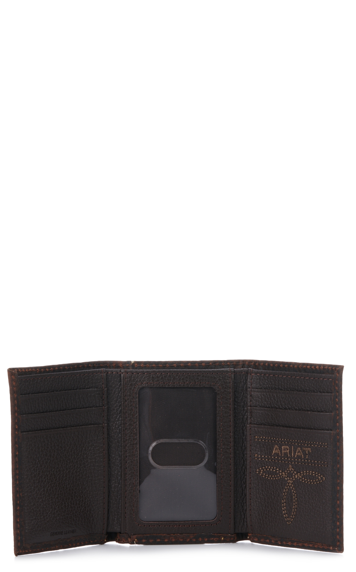 Ariat Men's Dark Brown Grain Leather with Silver Logo Tri-Fold Wallet - Image 1