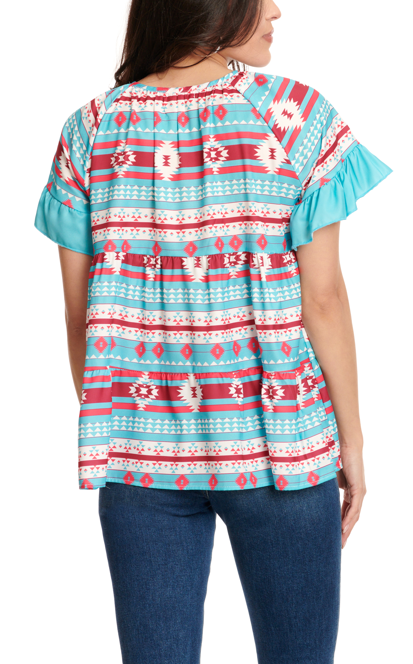 Southern Grace Women's Turquoise & Red Aztec Print Baby Doll Style Short Sleeve Top - Image 1