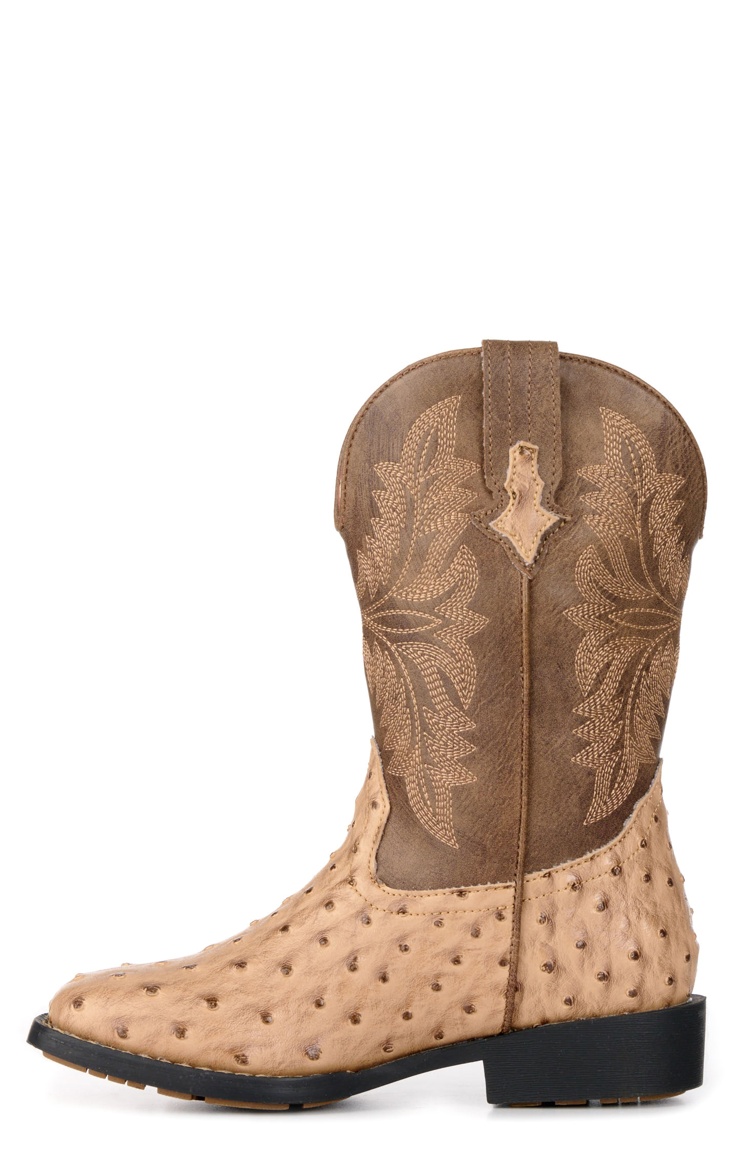 Roper Youth Jed Brown and Tan Ostrich Print Faux Leather Square Toe Boots - Image 1