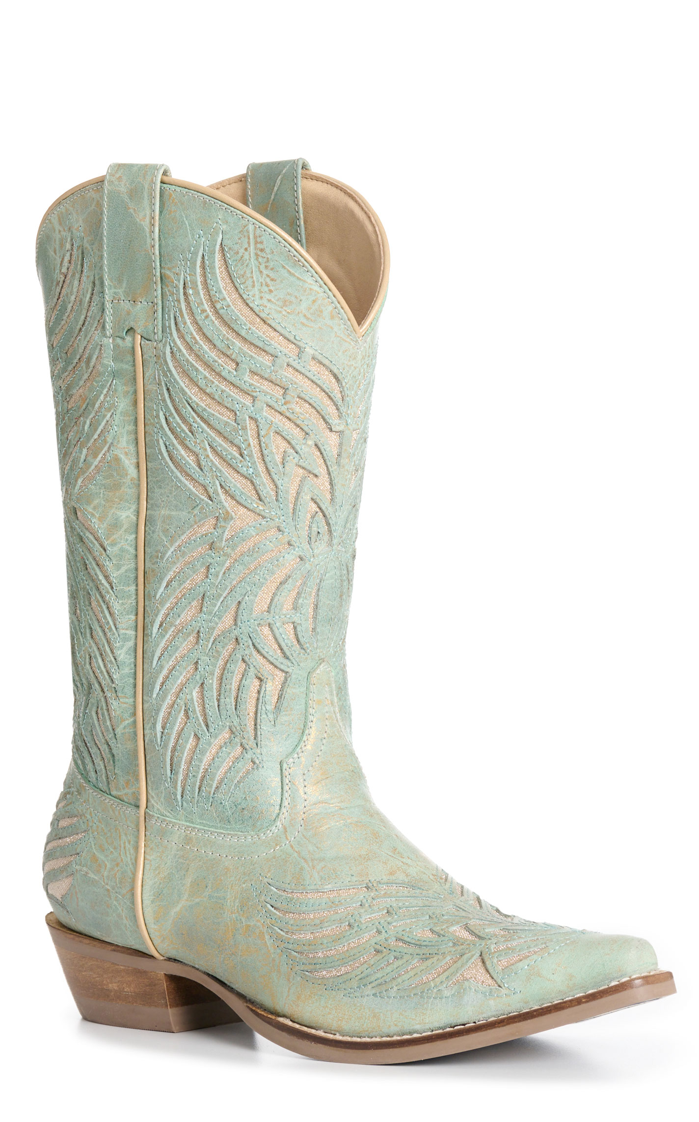 Rockin C Women's Pale Mint Brushed Gold Sparkle Inlay Snip Toe Boots - Image 1