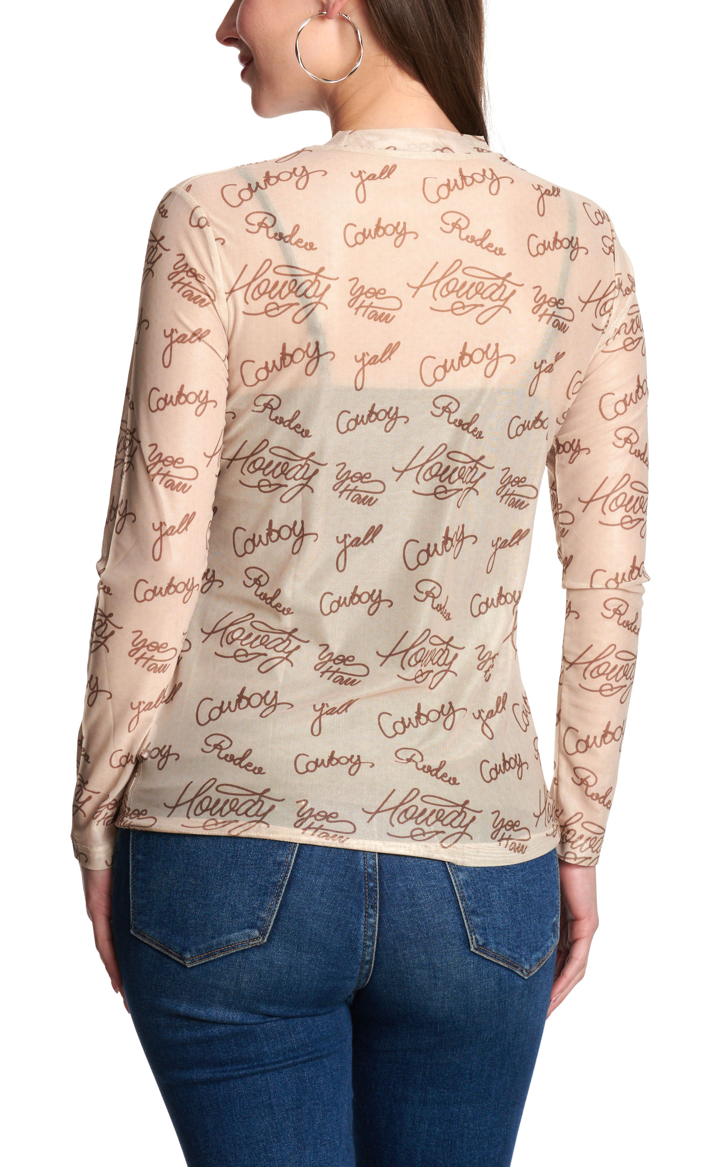 Merigold Kiss Women’s Tan Western Word Print Mesh Shirt - Image 1