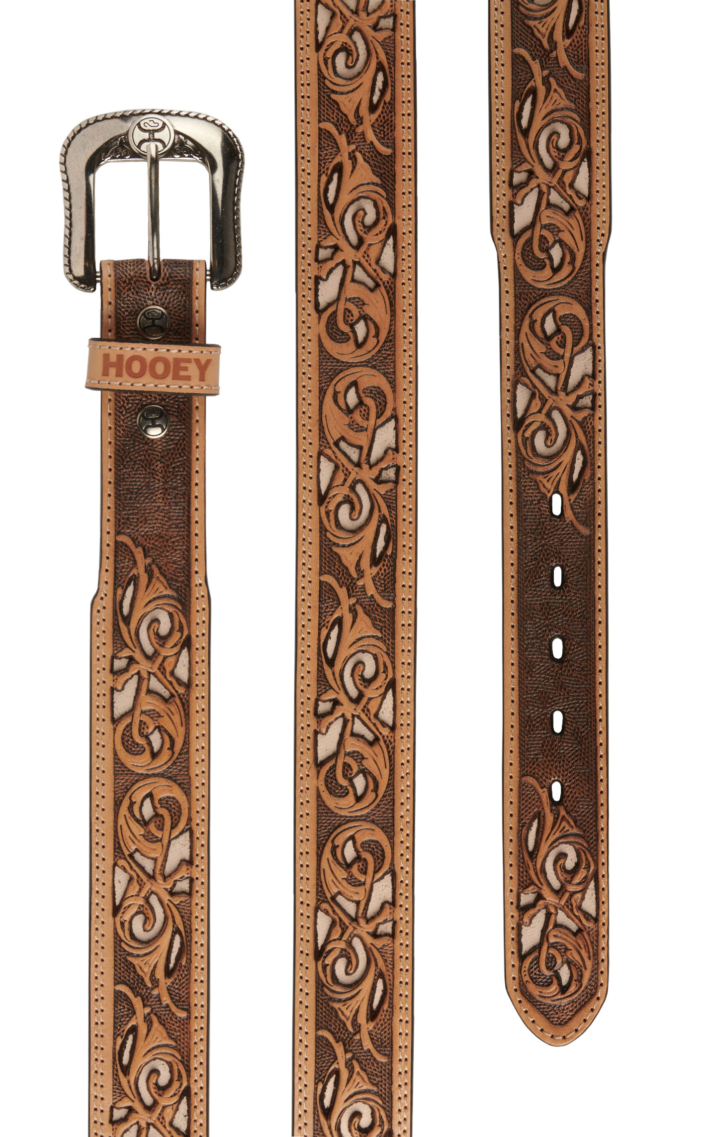 Hooey Men's Brown with Ivory Inlay Tooled Western Belt - Image 1