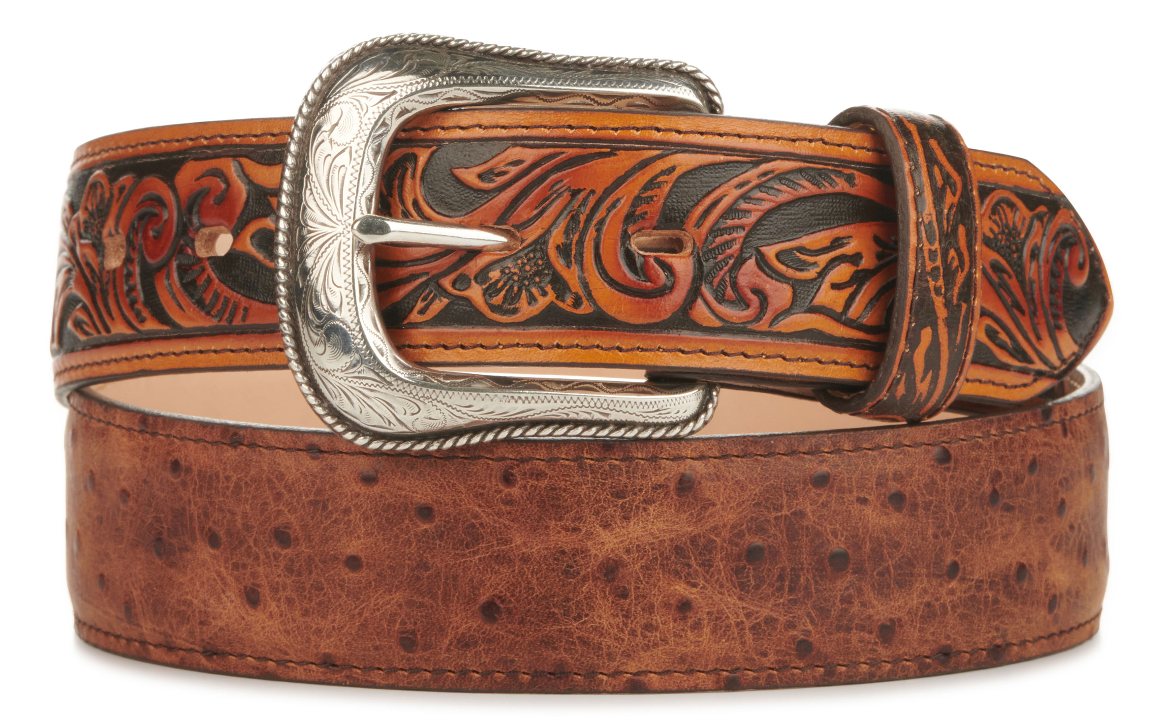 Tony Lama Men's Dark Brown Tan Rustic Ostrich & Vines Western Belt - Image 1