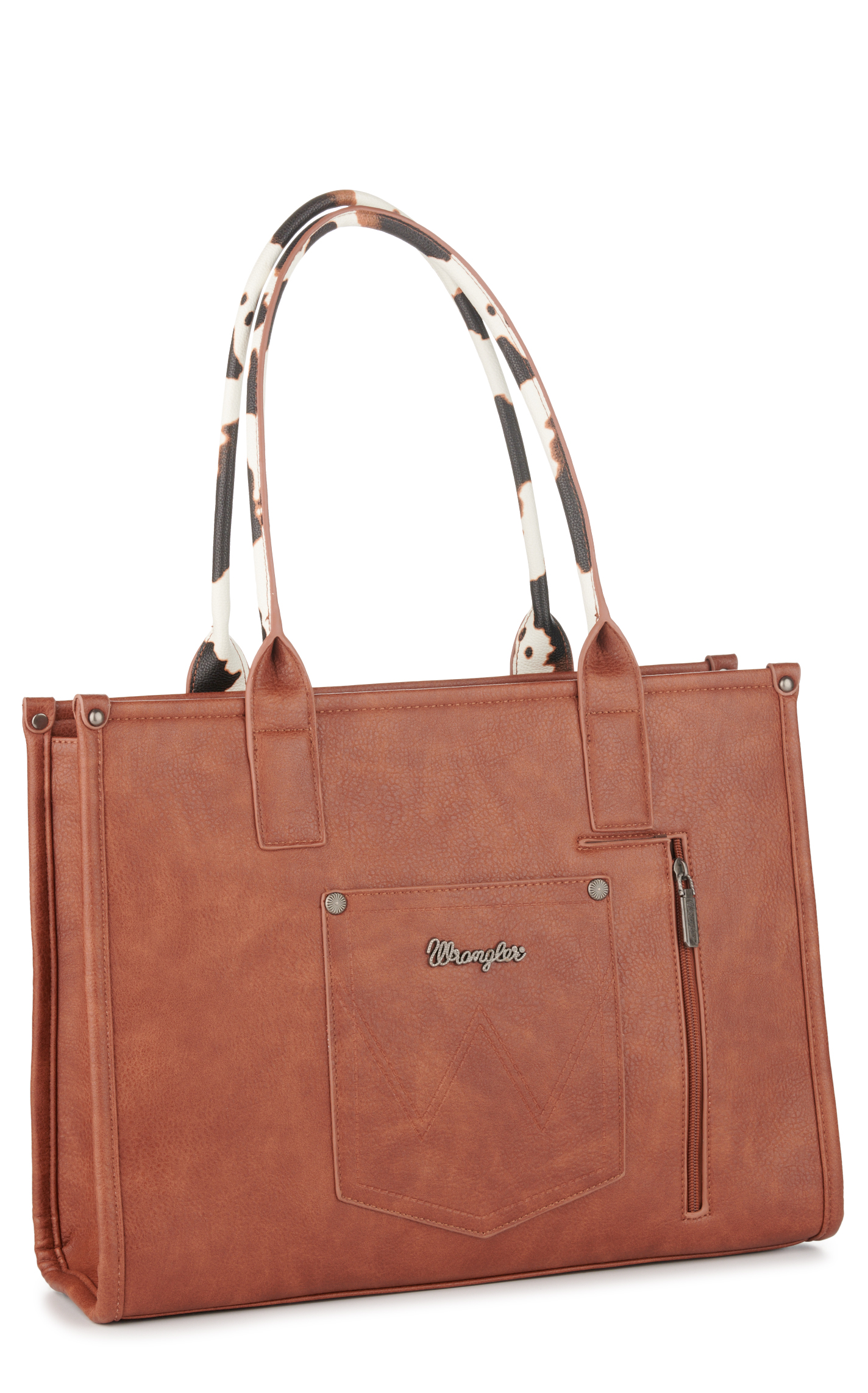 Wrangler Brown Black & White Leather Cow Print Large Tote Bag - Image 1