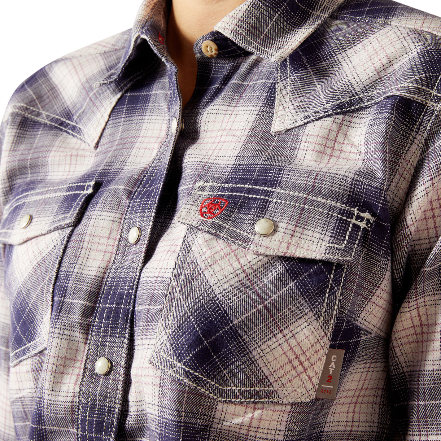 Ariat Women's Heritage Navy Plaid FR Western Work Shirt - Image 3
