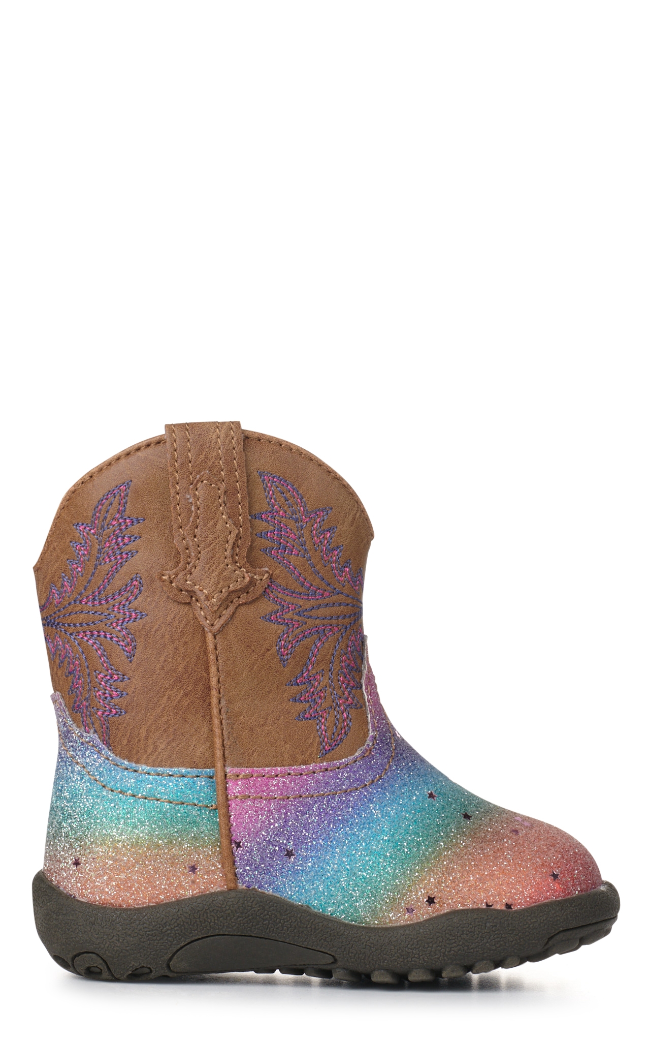 Roper Infant Rainbow Glitter and Tan Faux Leather Round Toe Boots - Image 1