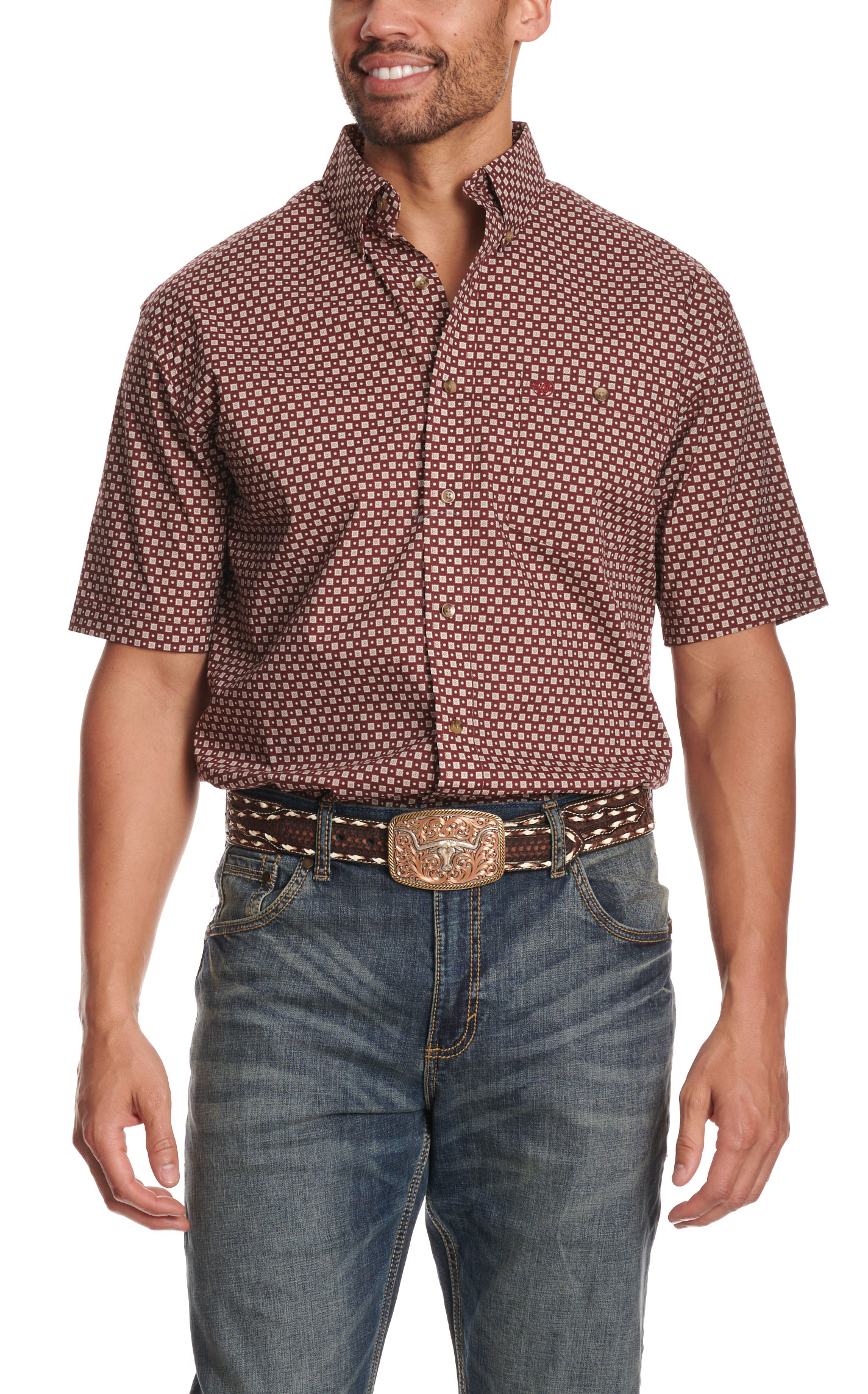 Wrangler Classic Men's Burgundy Geo Print Button Down Shirt - Image 1