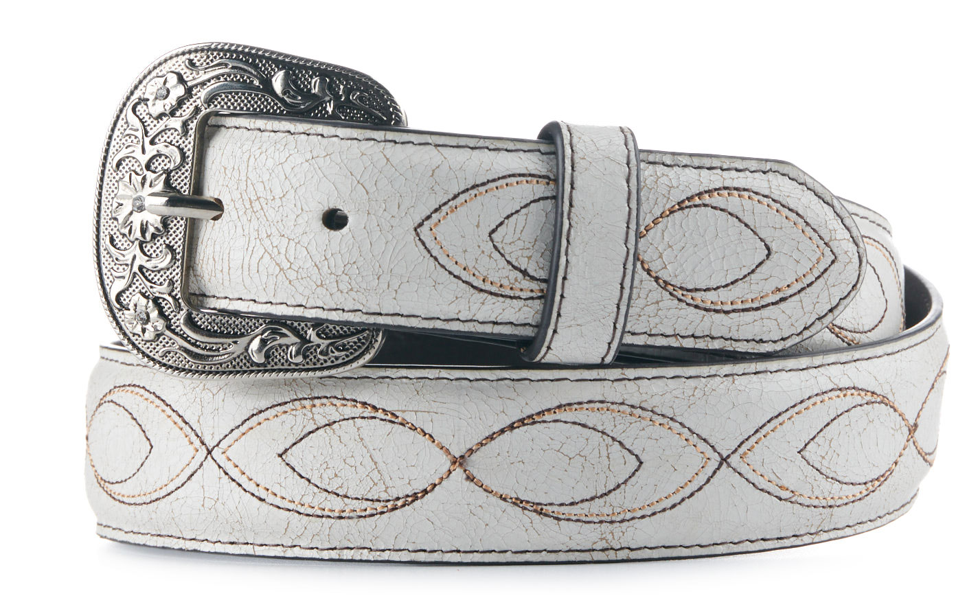 Cavender's Women's White Bone Crackle Embroidered Western Belt - Image 1