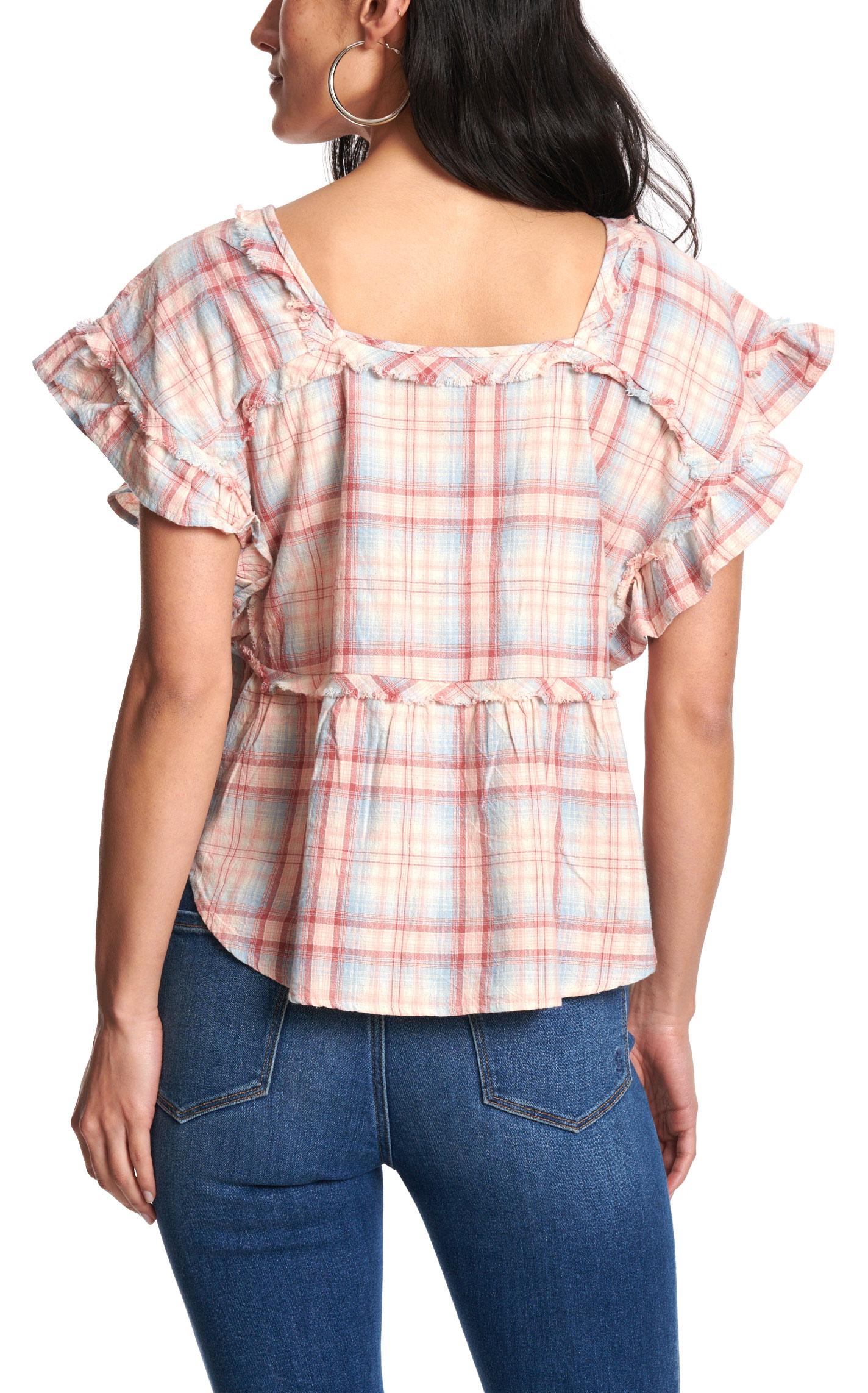 Blue B Women’s Cream and Mauve Pink Plaid Ruffle Top - Image 1