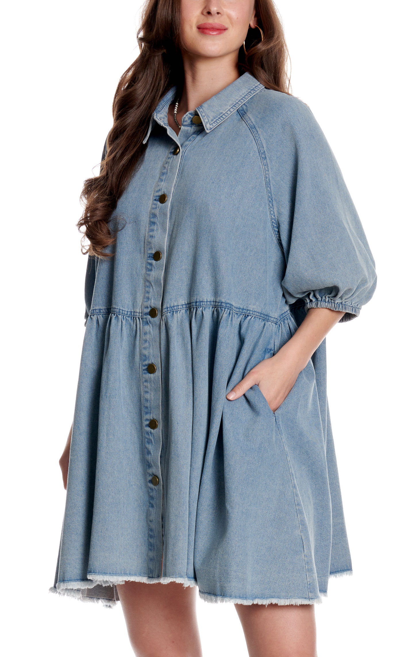 Yura Women's Medium Wash Puff Sleeve Denim Dress - Image 1