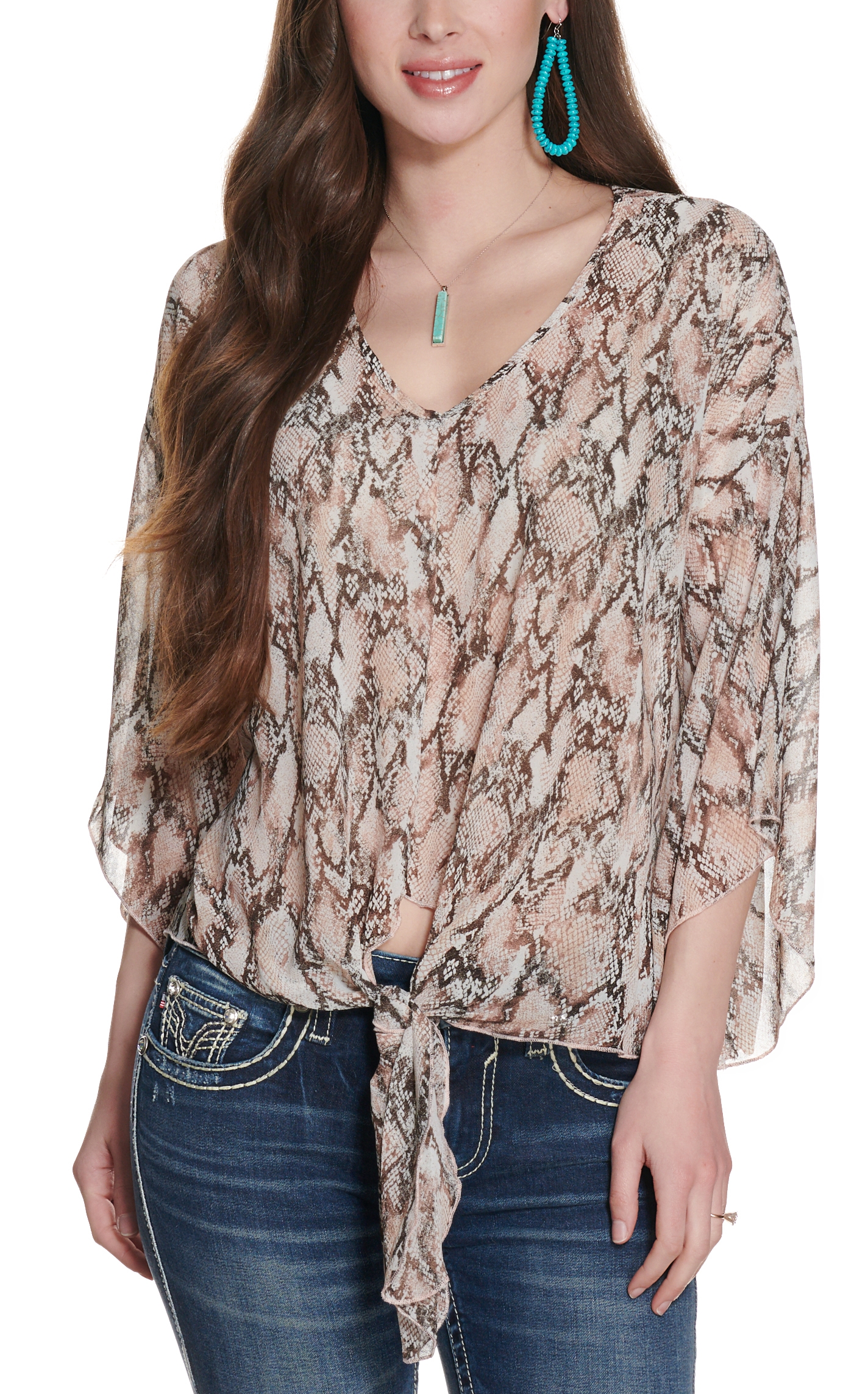 HYFVE Women's Brown Snake Print Tie Front Short Sleeve Top - Image 1