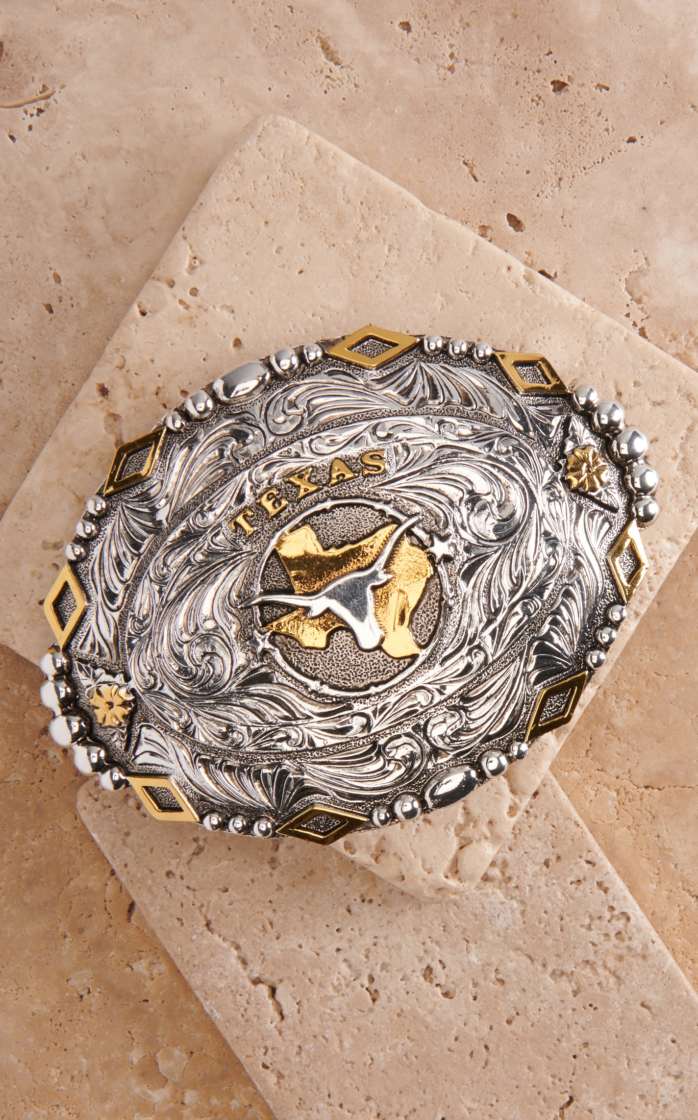 AndWest Silver and Gold Oval with Texas State and Longhorn with Diamond Edge Belt Buckle - Image 1
