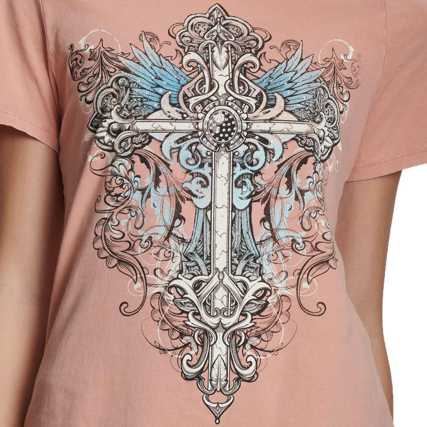 R. Rouge Women's Peach Gothic Cross Graphic T-Shirt - Image 1