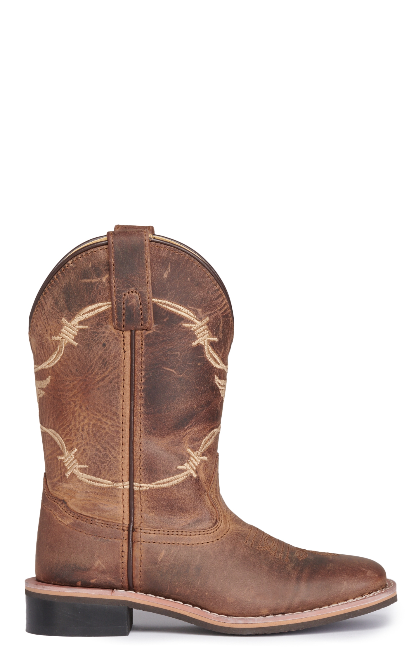 Smoky Mountain Kids Distressed Brown with Barbwire Embroidery Wide Square Toe Cowboy Boots - Image 1