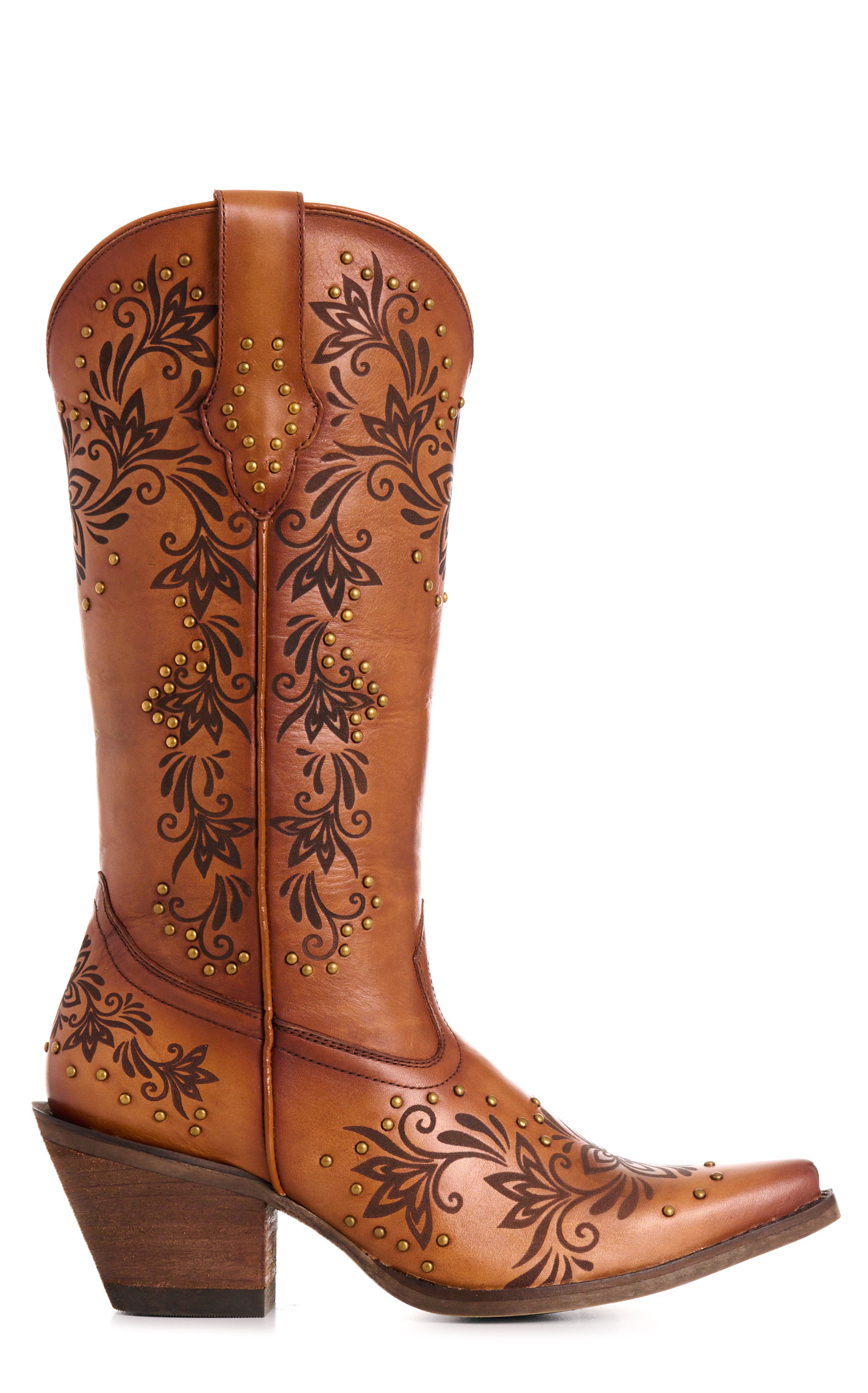 Rockin' C Women’s Peanut & Laser Floral Design Leather Snip Toe Cowboy Boots - Image 1
