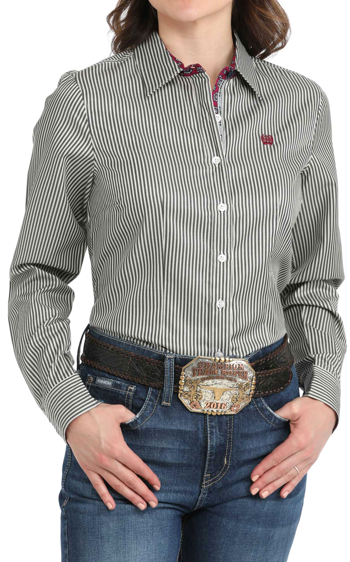 Cinch Women's Charcoal & Cream Striped Western Shirt - Image 1