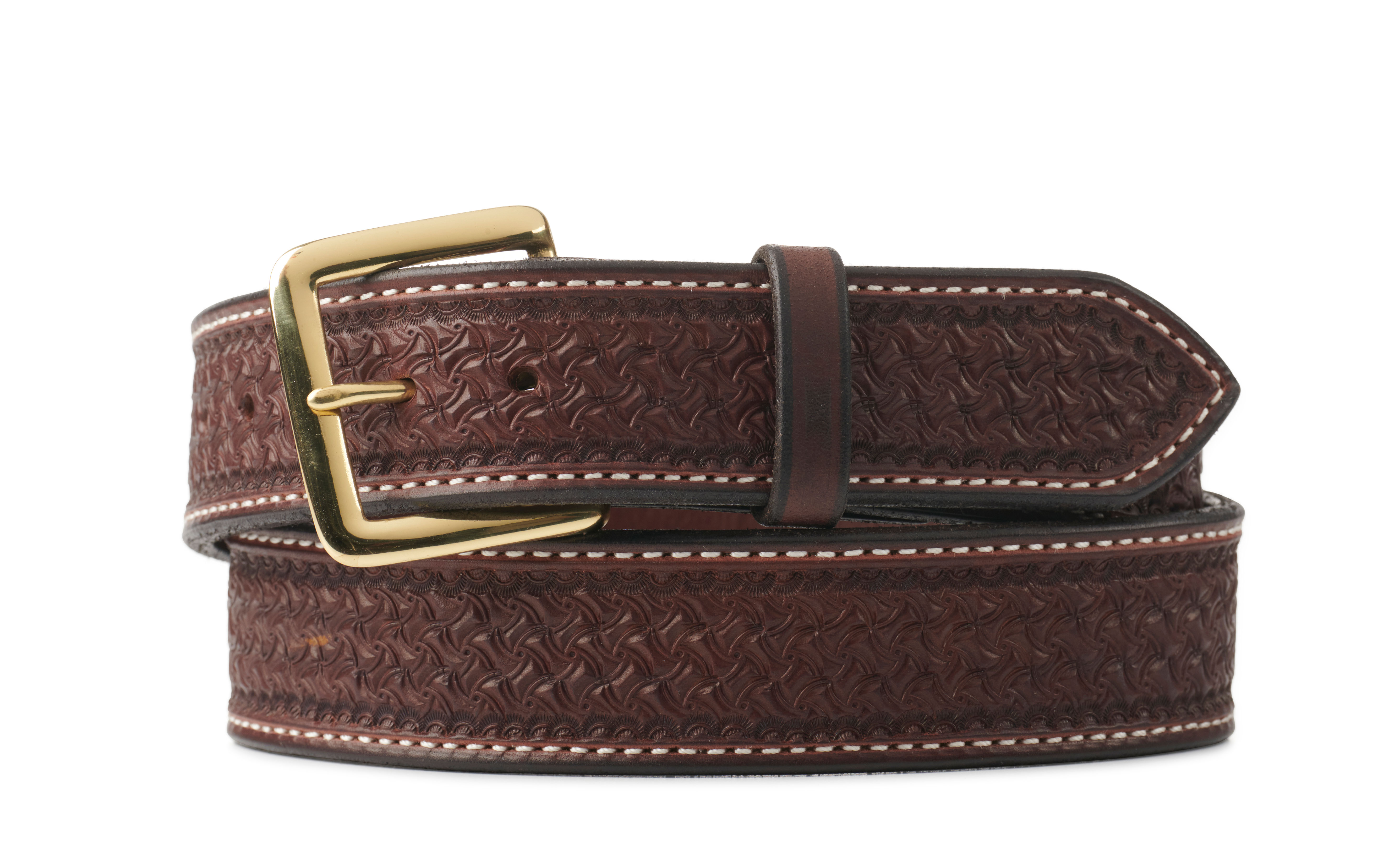 Texas Saddlery Men's Chocolate Brown Spider Weave Tooled Western Belt - Image 1