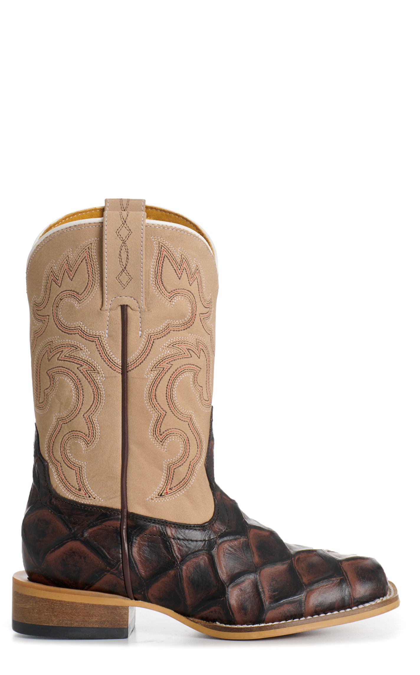 Cavender's Youth Tobacco & Tan Pirarucu Print Wide Square Toe Cowboy Boots - Image 1