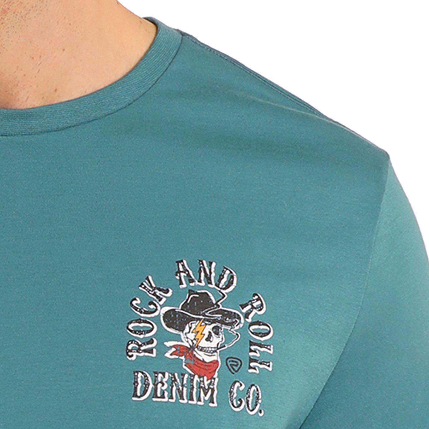 Rock & Roll Denim Men's Teal Cowboy Skull Logo Graphic T-Shirt - Image 1