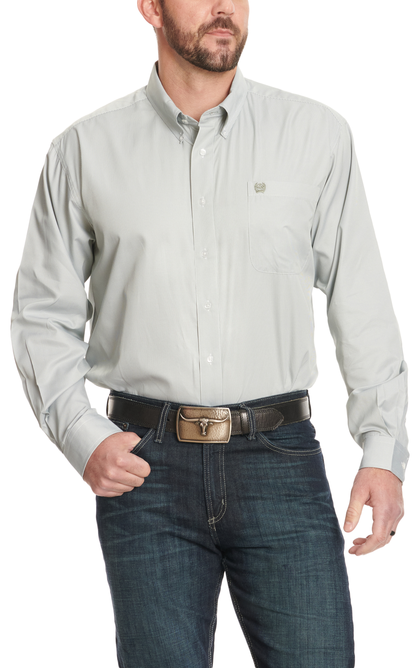 Cinch Men's Light Gray & White Tencel Stripe Western Shirt - Image 1