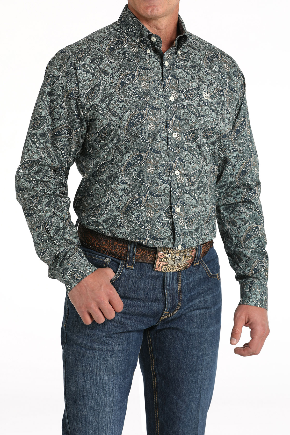 Cinch Men's Teal & Navy Paisley Print Western Shirt - Image 1