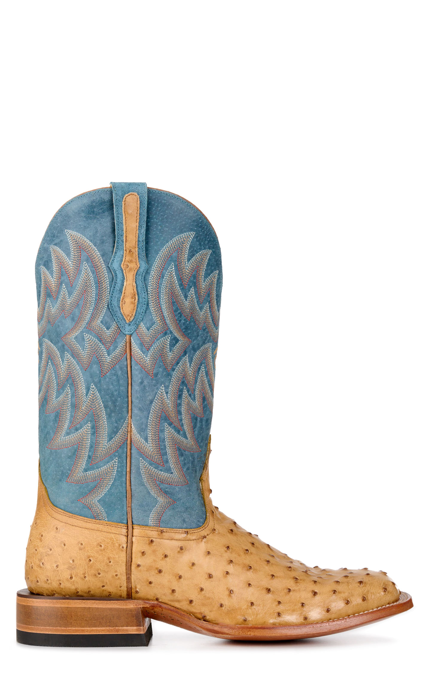 Cavender's Men's Blue and Saddle Full Quill Ostrich Wide Square Toe Exotic Cowboy Boots - Image 1