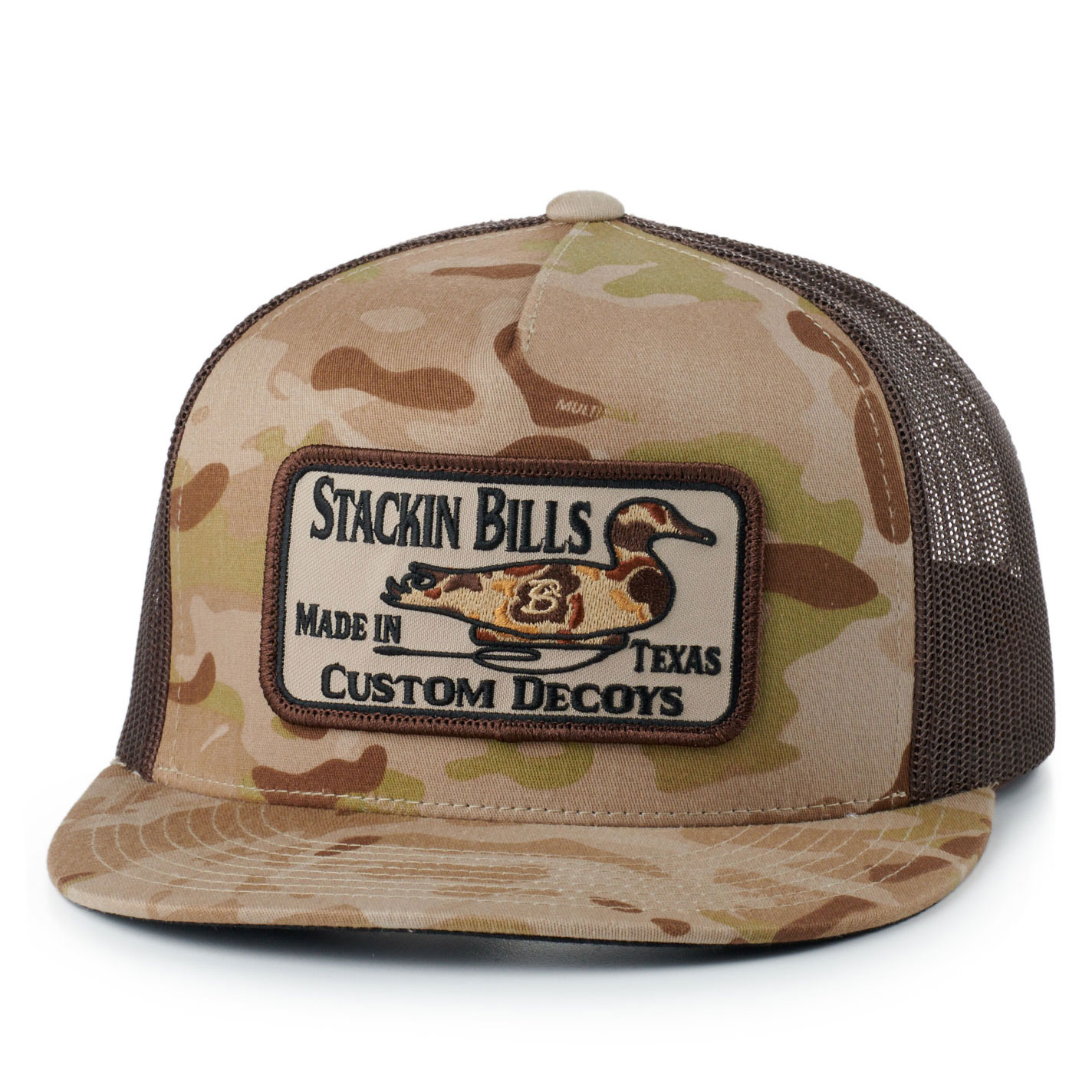 Stackin Bills Mossy Brown Camo & Duck Logo Patch Cap - Image 1