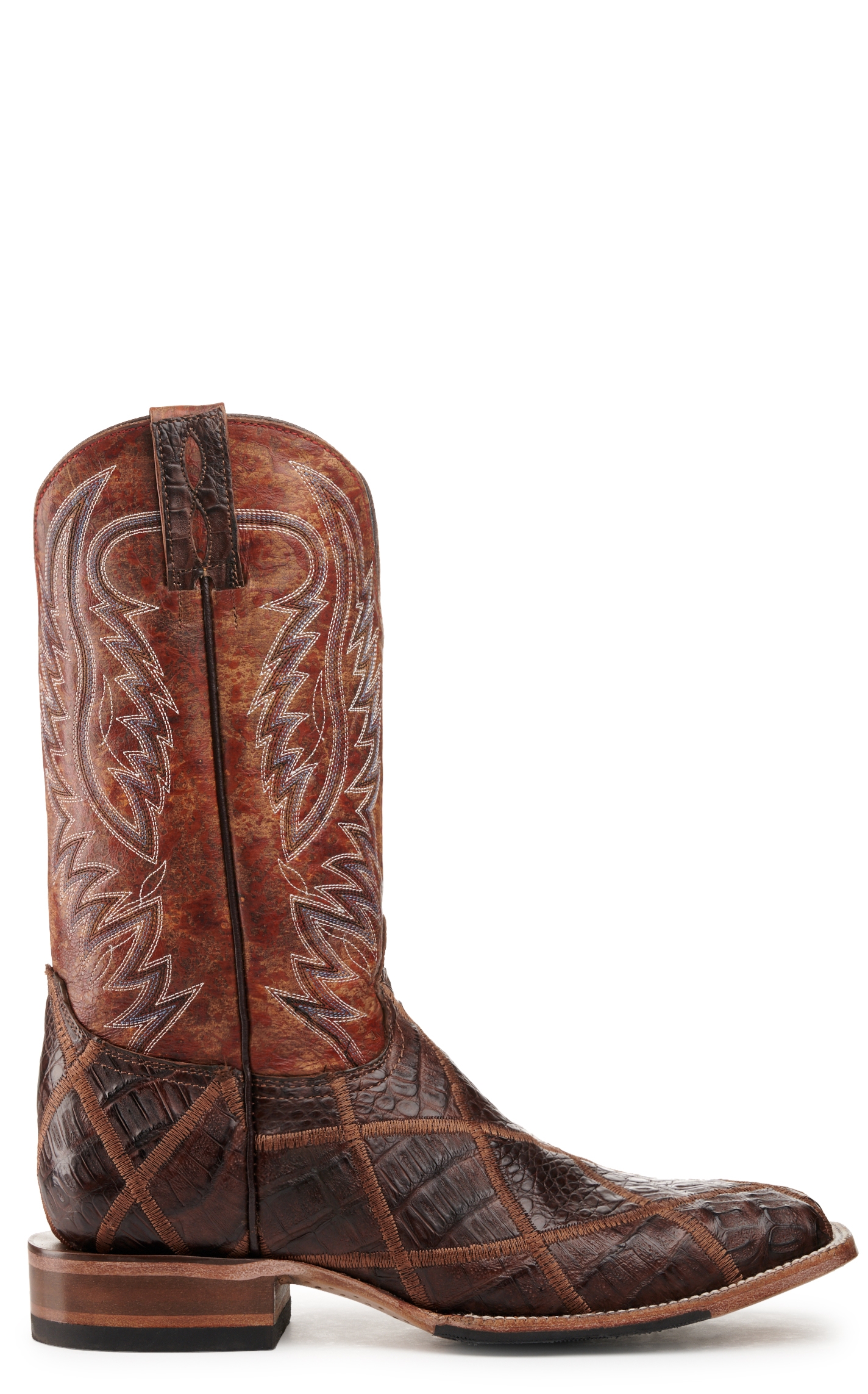 Cavender's Men's Rust and Cigar Caiman Patchwork Wide Square Toe Exotic Cowboy Boots - Image 1