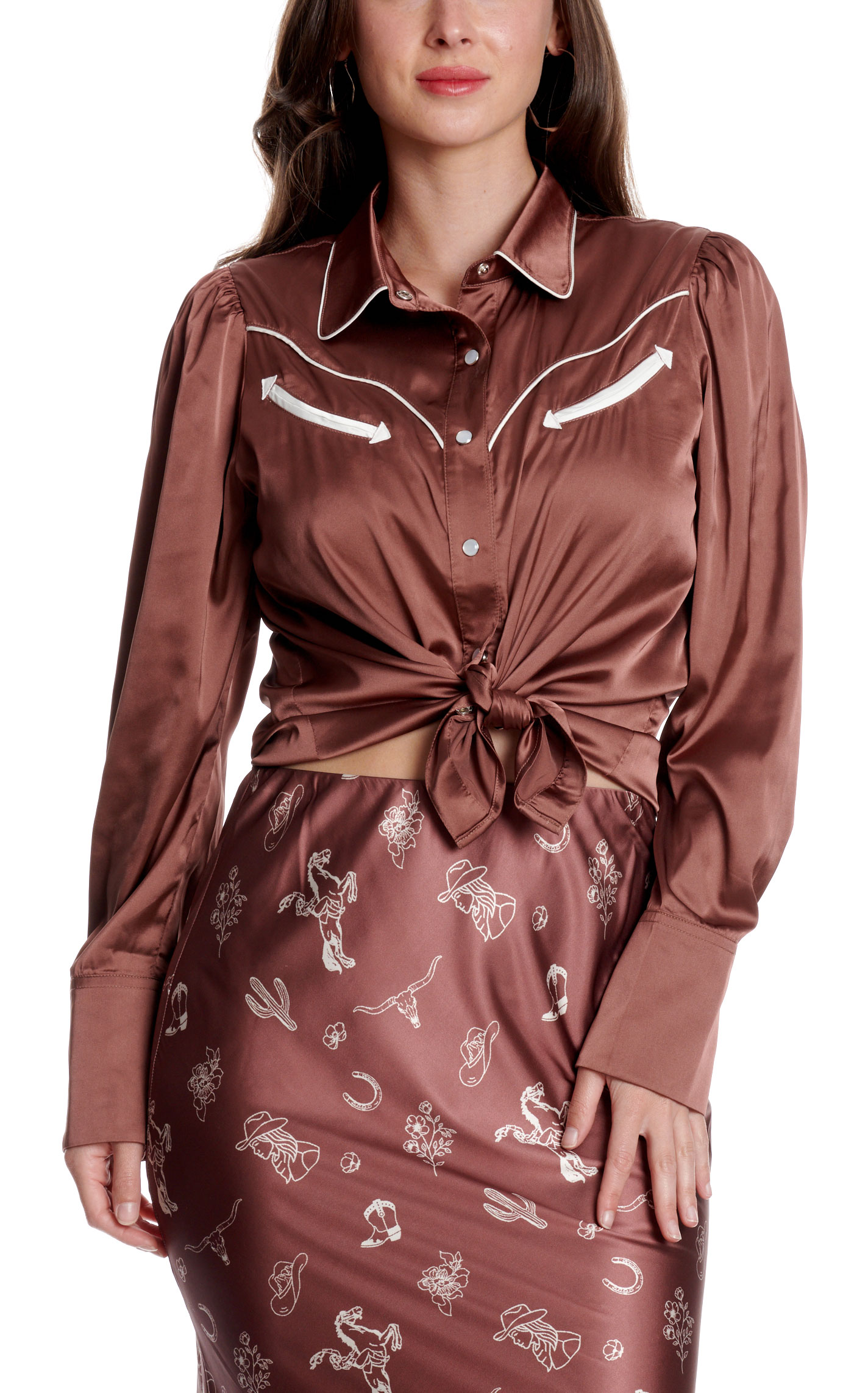 Rockin' C Women's Brown Satin Embroidered Pocket Western  Top - Image 1