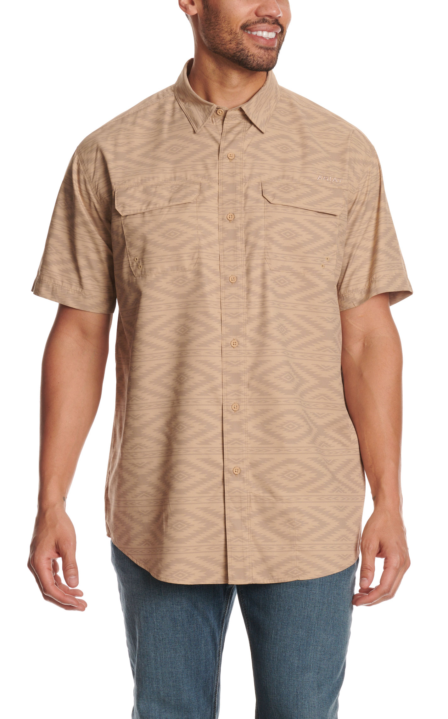 Ariat Men’s VentTEK™ Outbound Tan Aztec Print Classic Shirt - Image 1