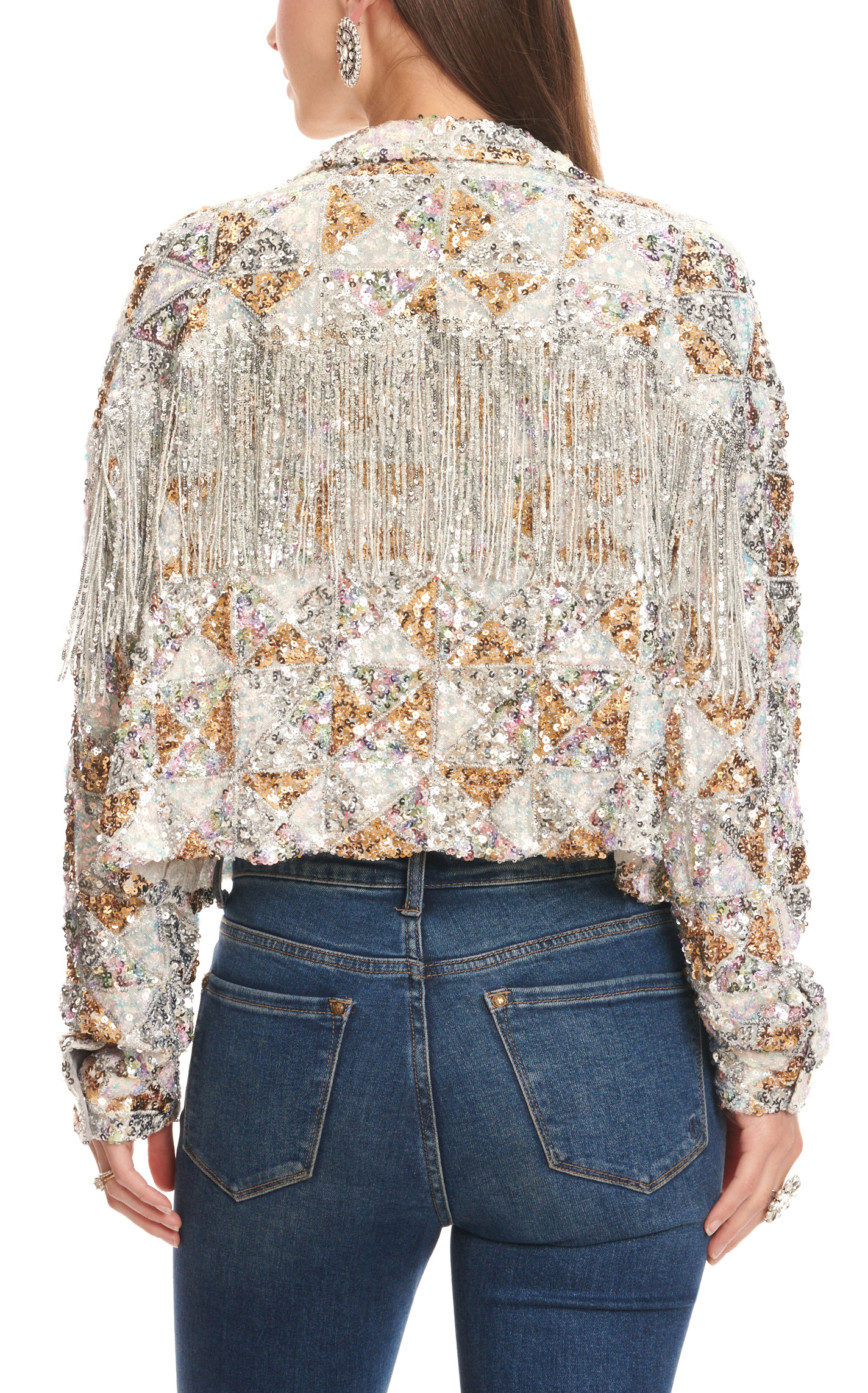 Rockin' C Women's Silver and Gold Sequin Fringe Jacket - Image 1