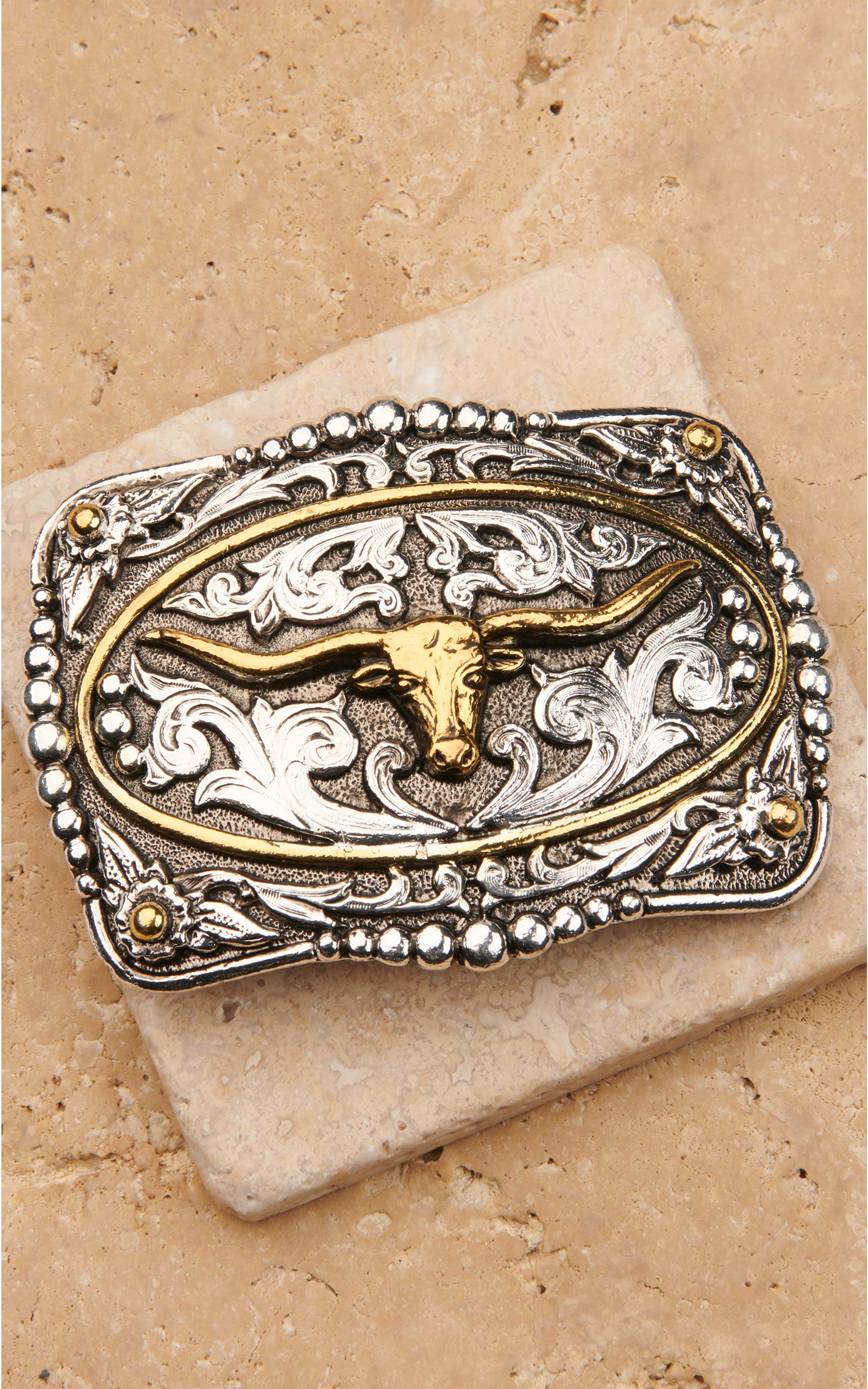 AndWest Men's Antiqued Gold and Silver Oval with Longhorn and Western Scrolls Belt Buckle - Image 1