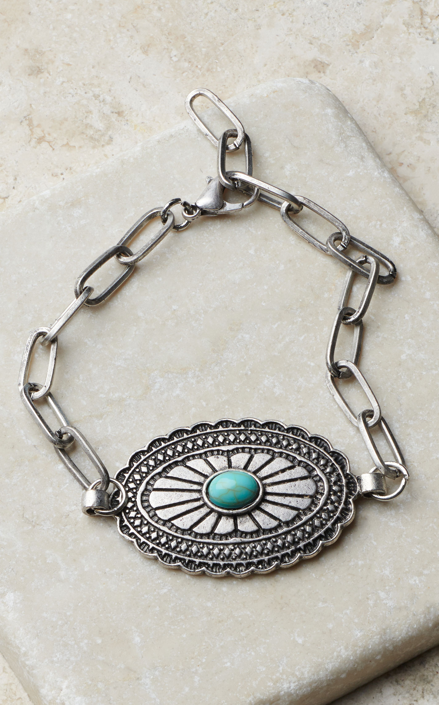 Rockin C Etched Silver & Turquoise Stone Concho Paperclip Bracelet - Image 1