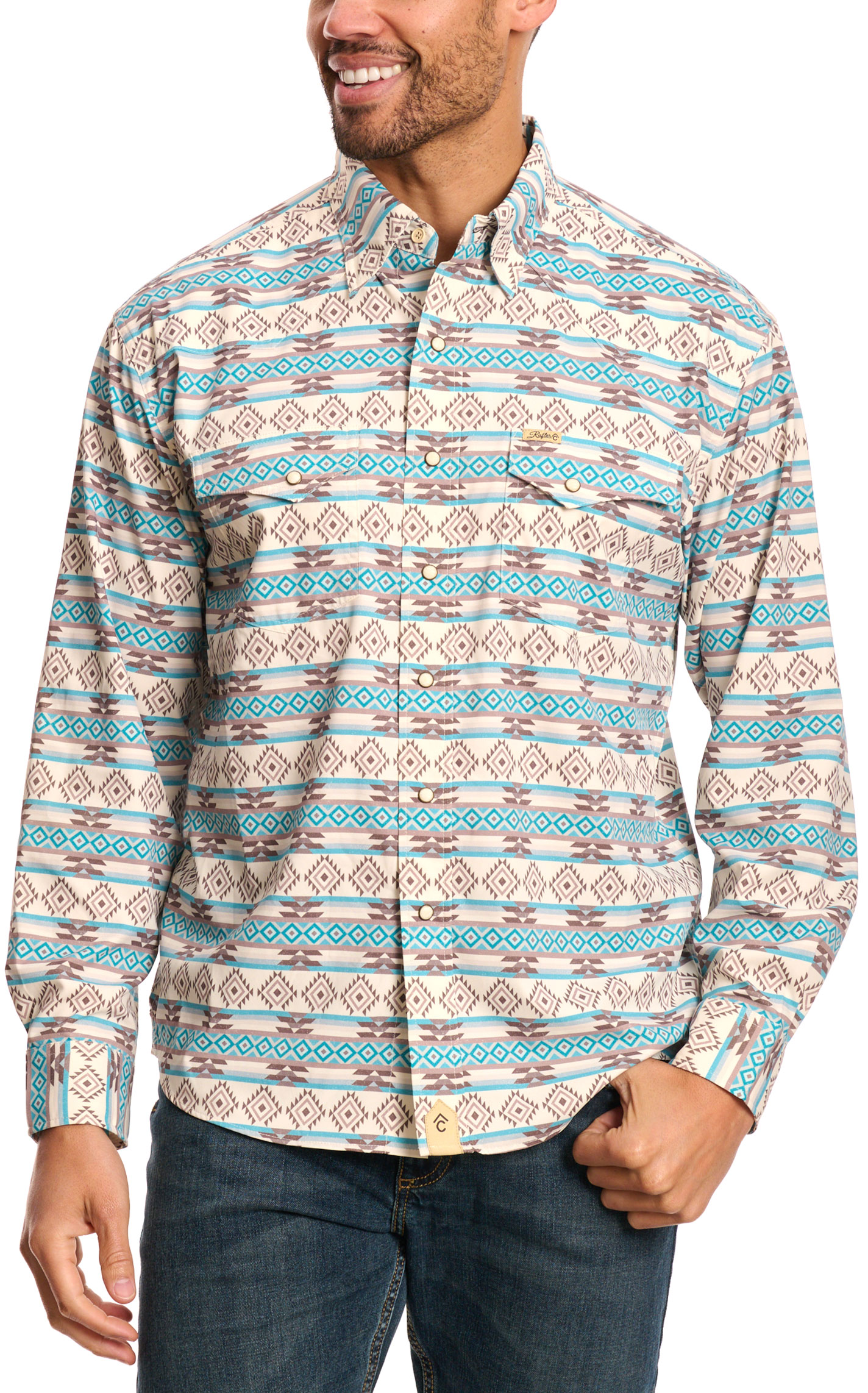 Rafter C Outdoors Men's Latte Turquoise Aztec Fishing Shirt - Image 1