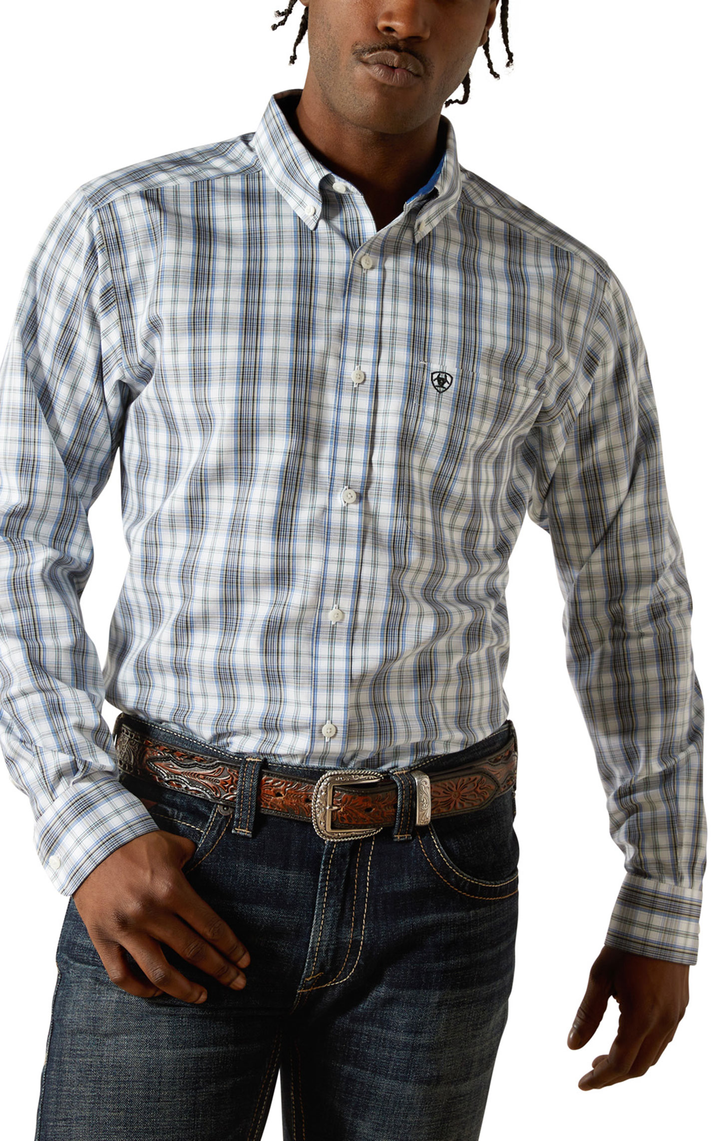Ariat Men's White Blue & Green Plaid Print Western Shirt - Image 1