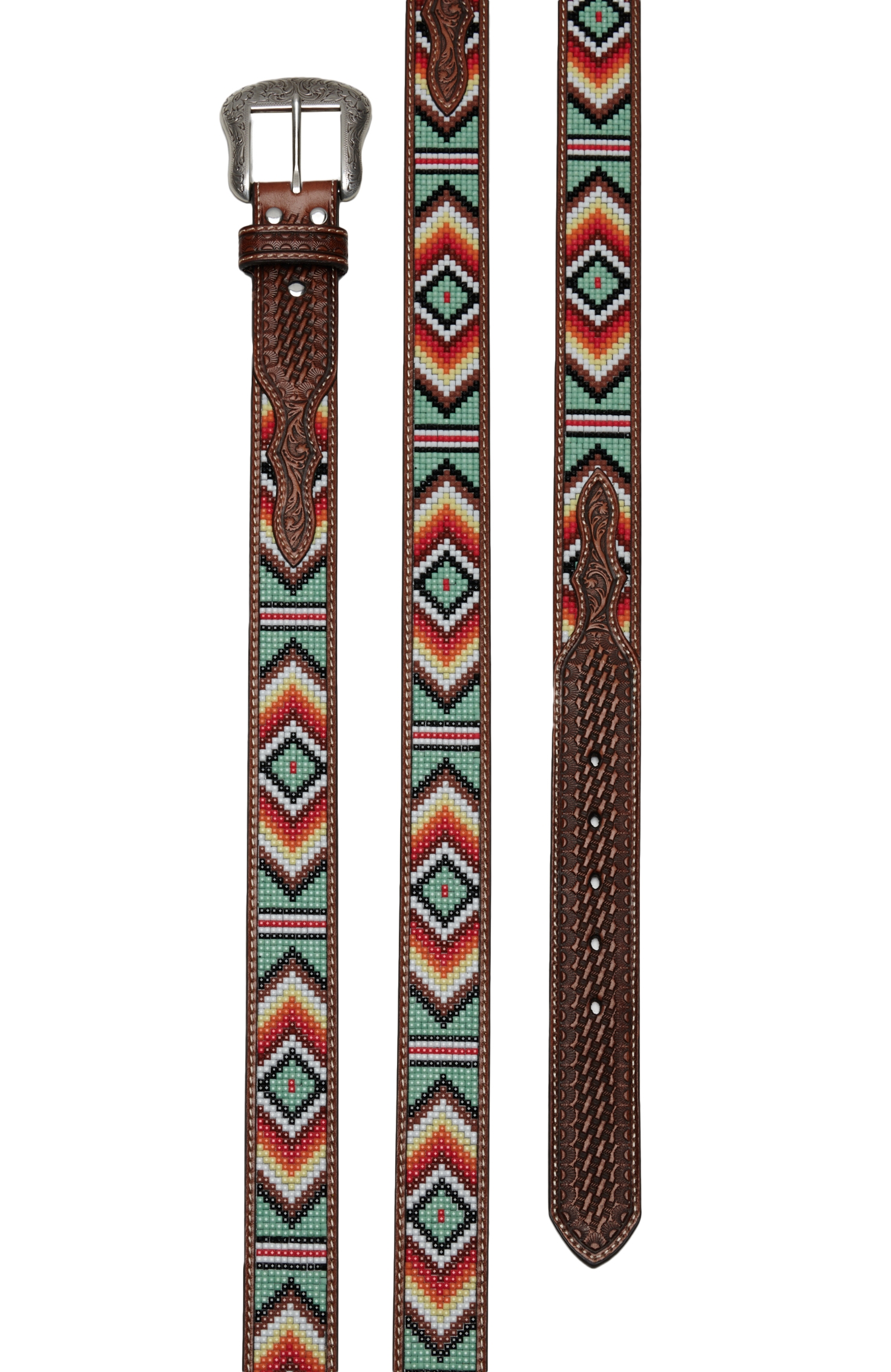 Nocona Men's Brown Leather Basket Weave with Sage Green Colorful Aztec Beading Western Belt - Image 1