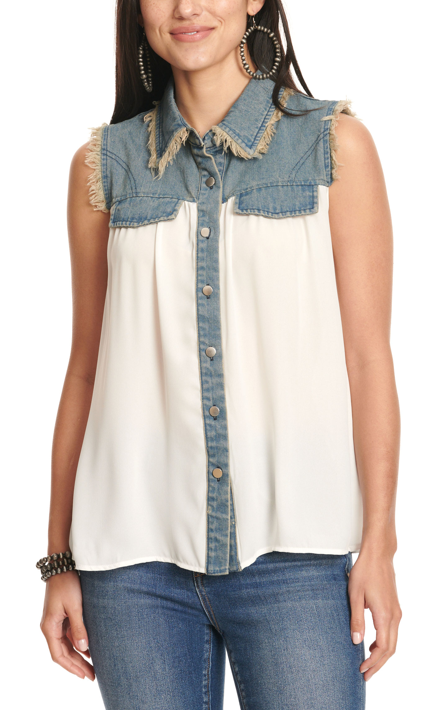 Cowgirl Hardware Women's White & Denim Frayed Sleeveless Top  - Image 1