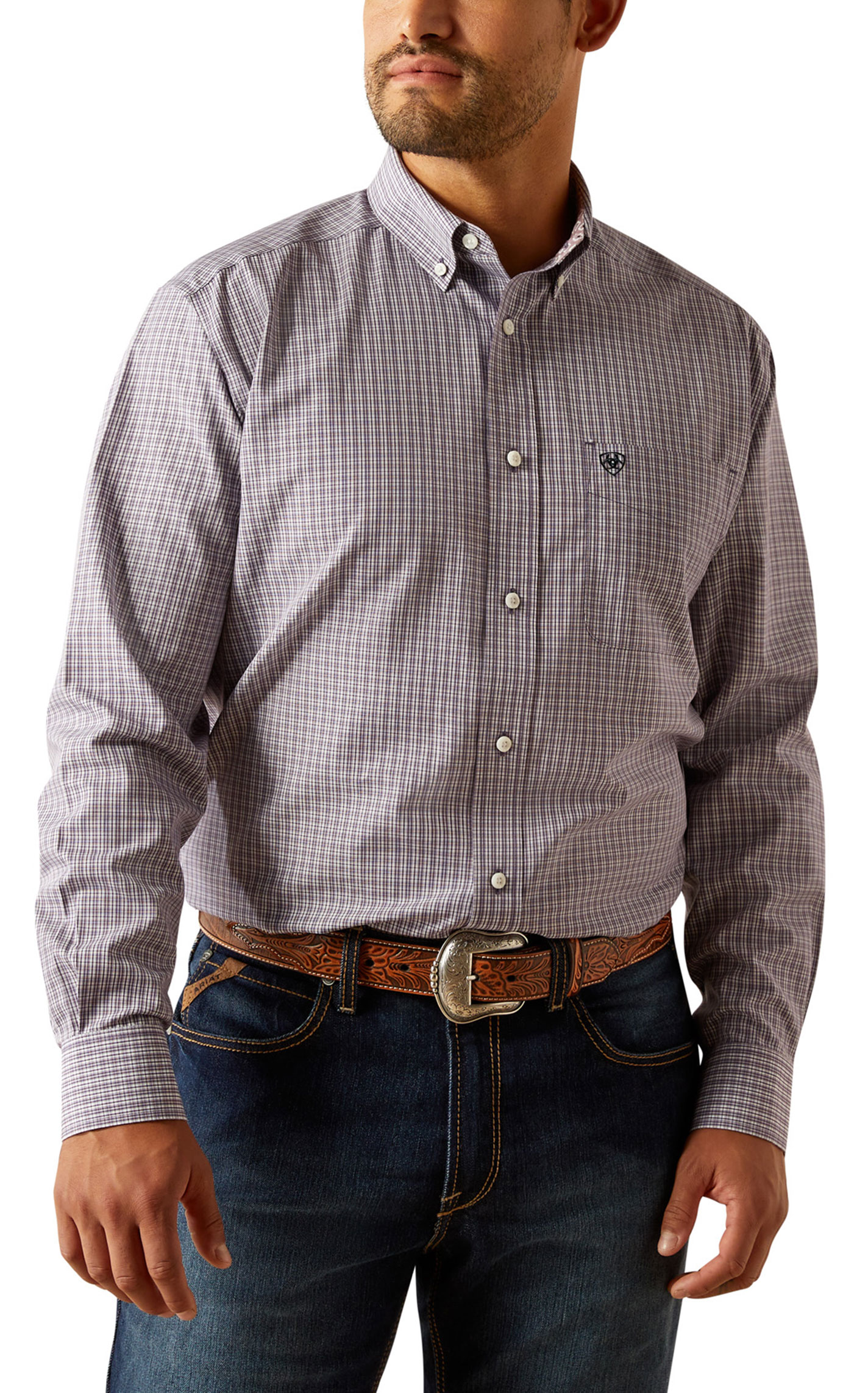 Ariat Men's Roger Purple & White Mini Plaid Western Shirt - Image 1