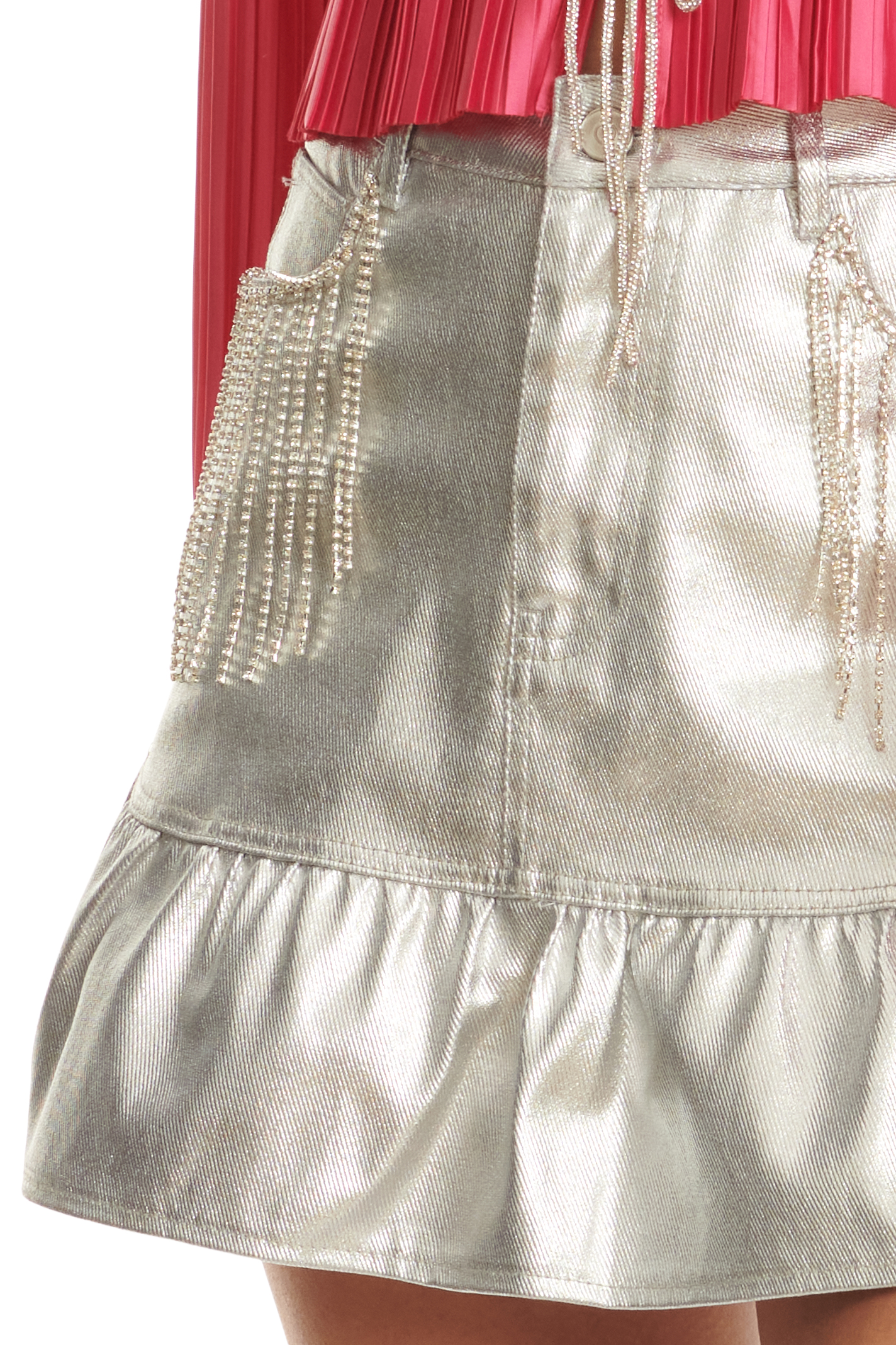 Peach Love Women's Metallic Silver with Rhinestone Fringe Skirt - Image 1