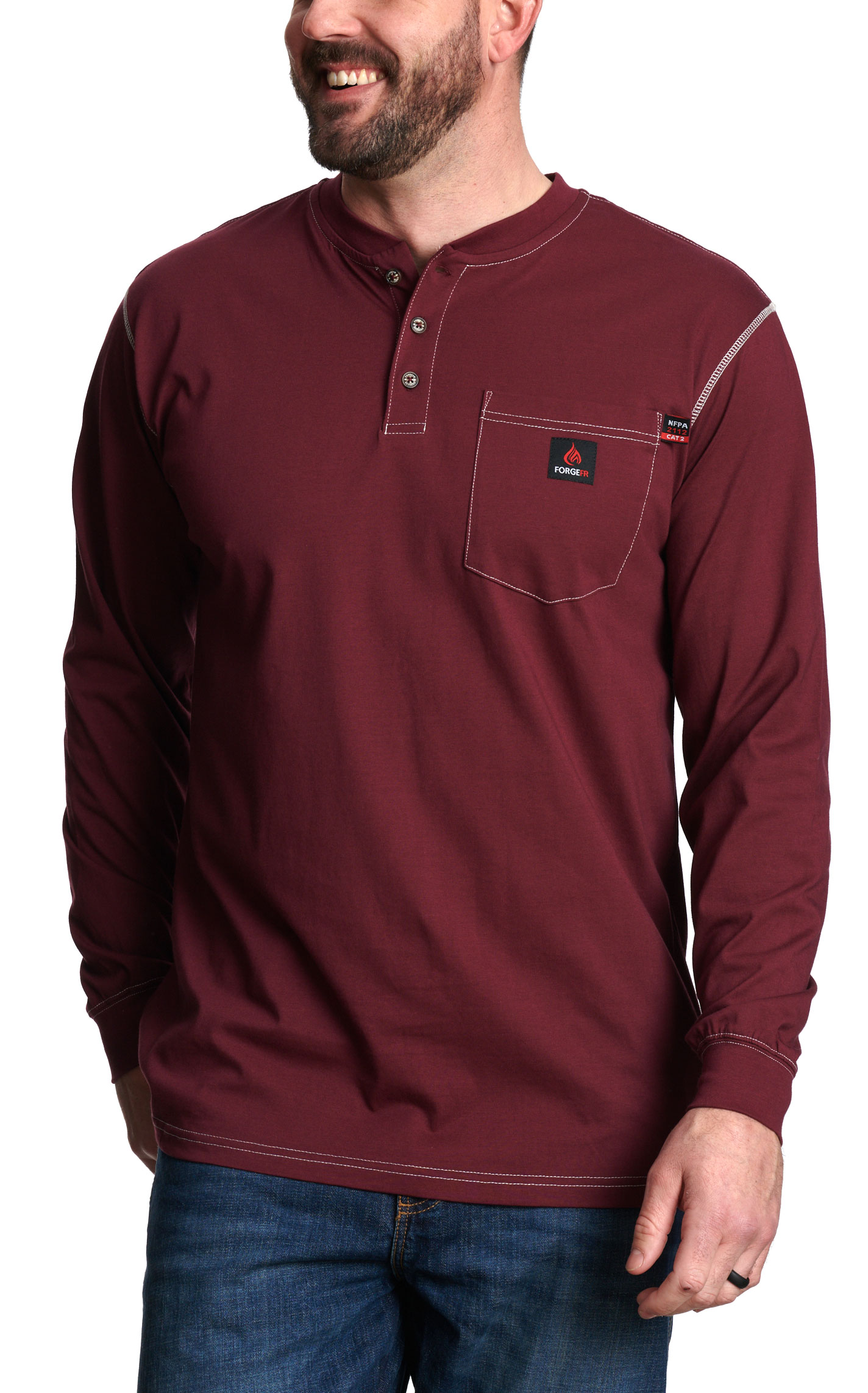 Forge Men's FR Bugundy Contrast Stitch Light Weight Henley Shirt - Image 1