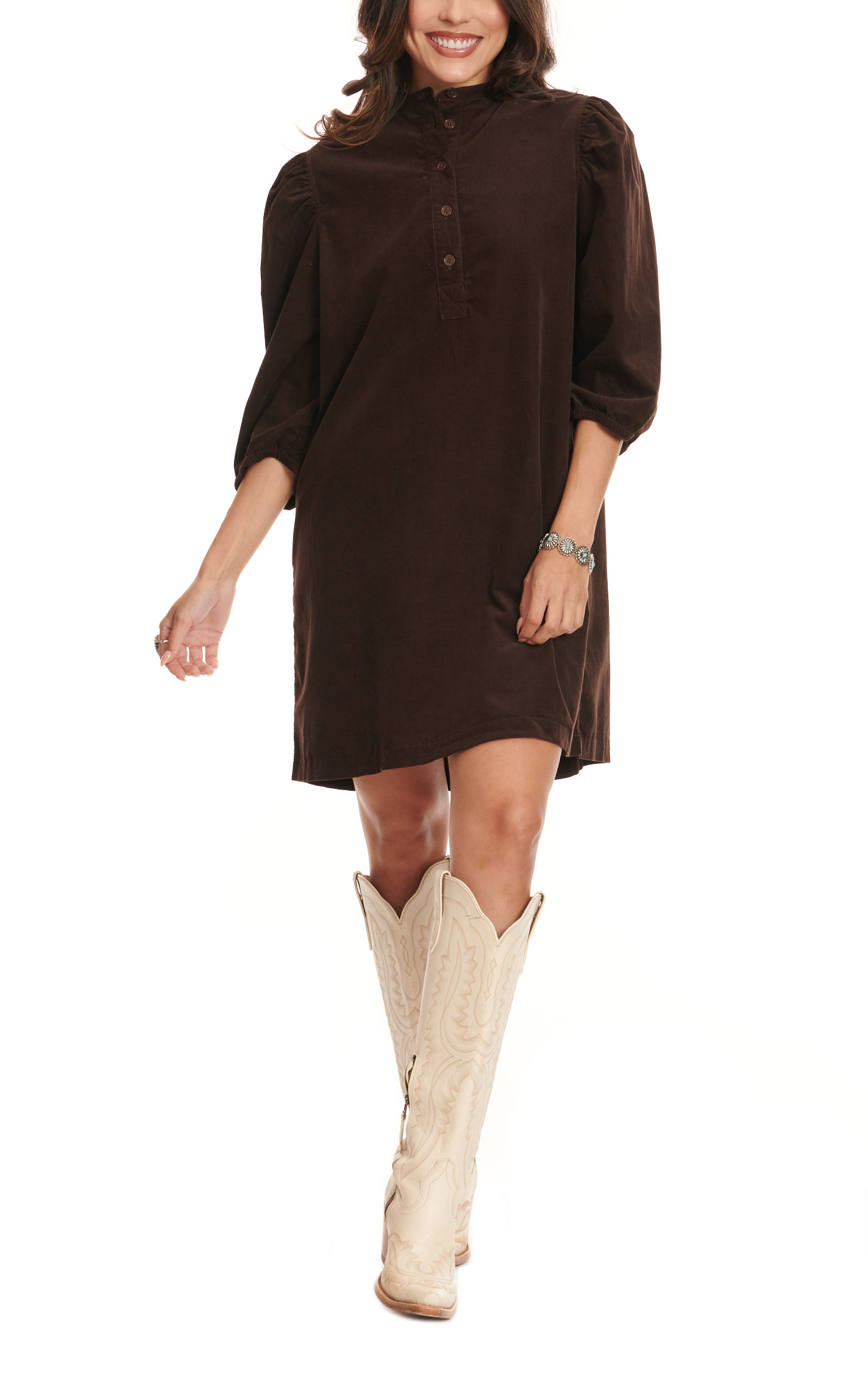 Rockin C Women's Dark Chocolate Brown Corduroy 3/4 Puff Sleeve Dress - Image 1