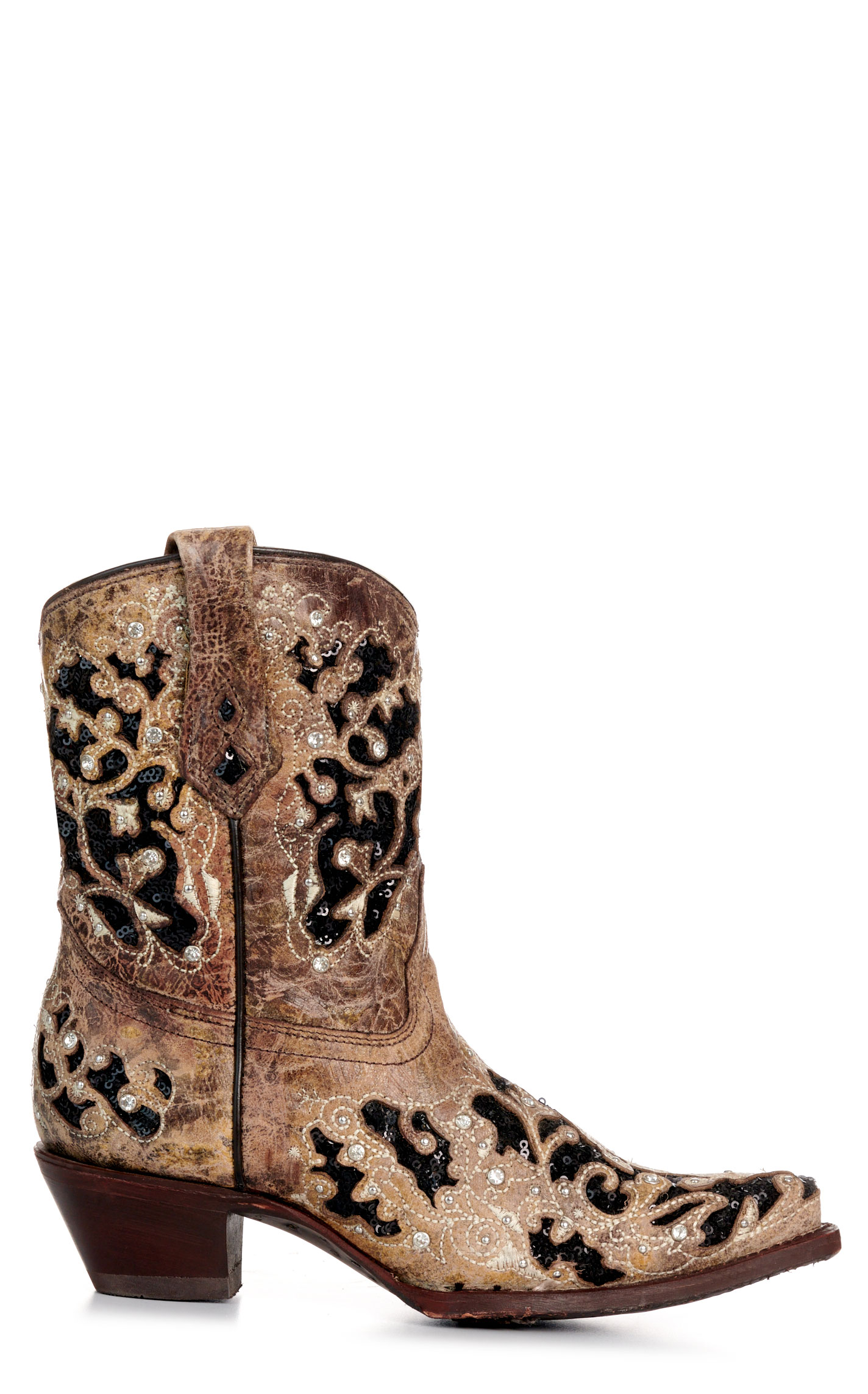 Corral Women's Brown with Black Glitter & Crystals Inlay Snip Toe Cowboy Booties - Image 1