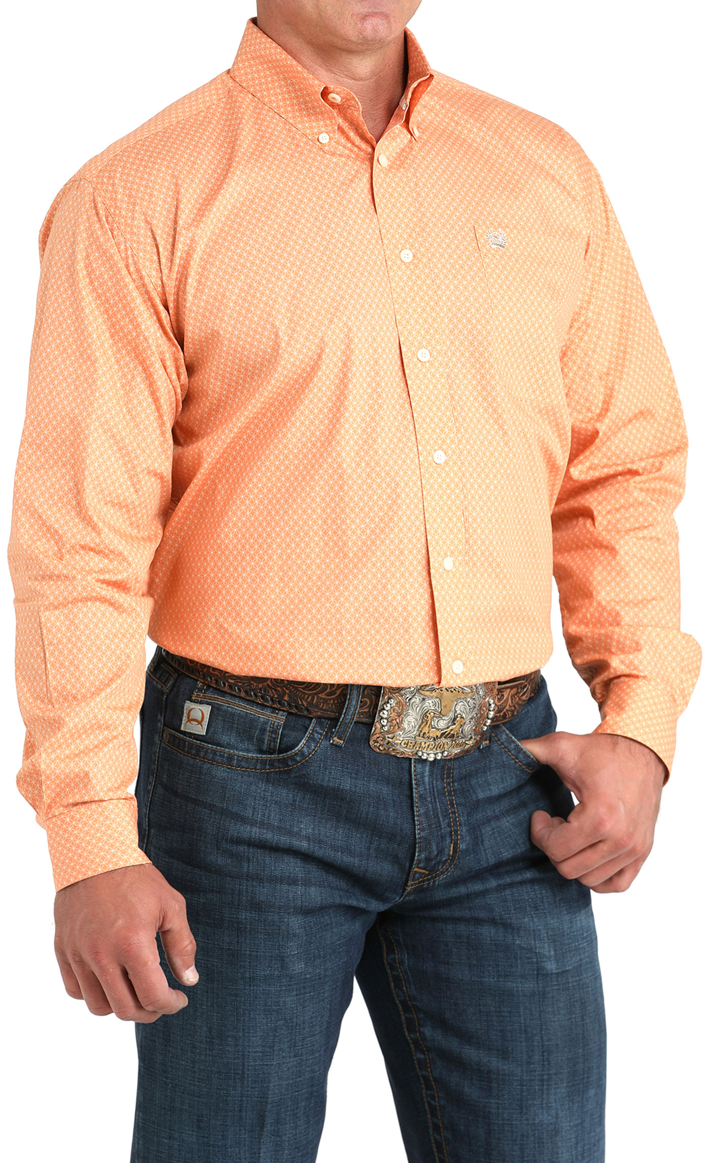 Cinch Men's Light Orange & White Geo Print Western Shirt - Image 1