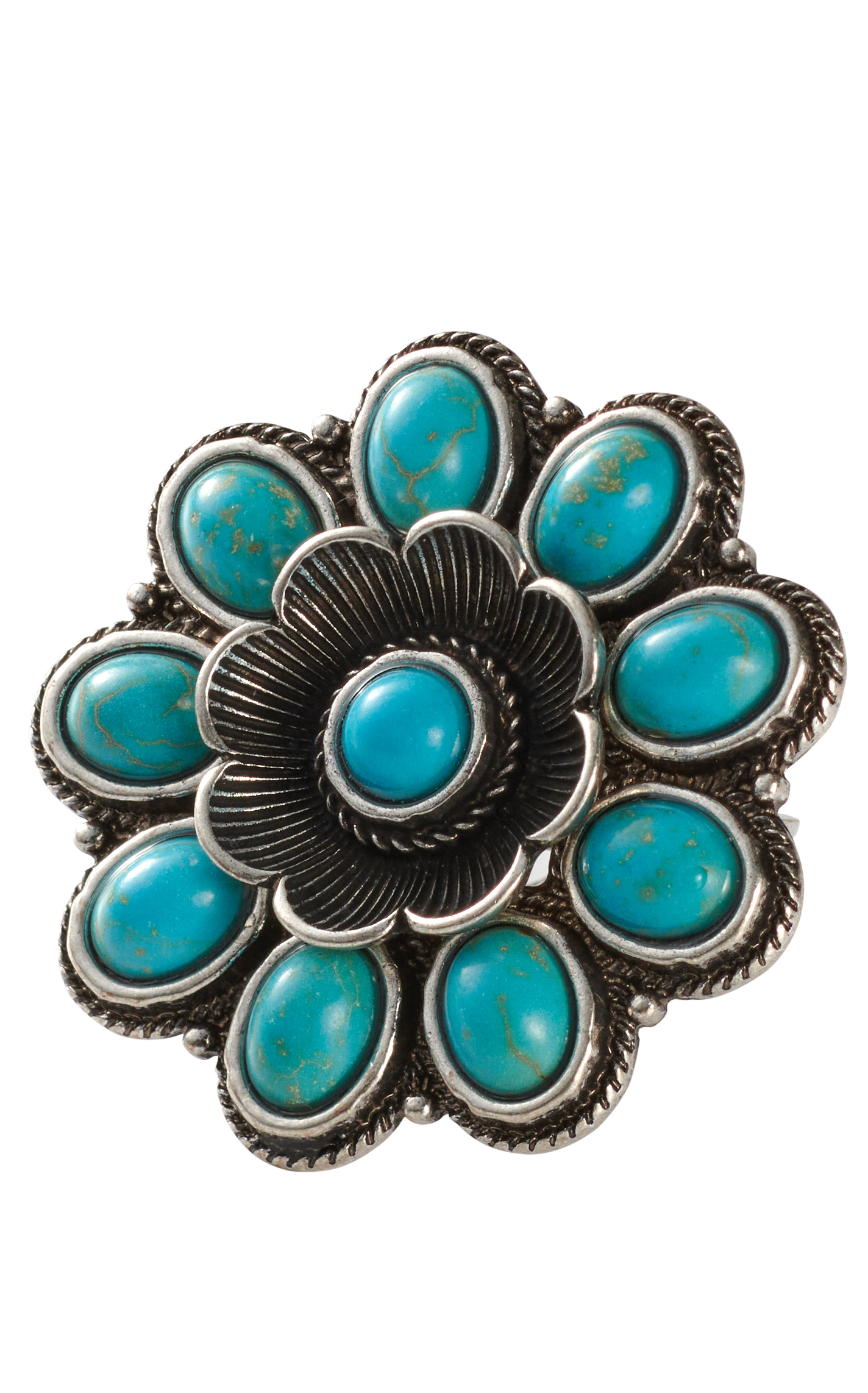 806 by Pink Panache Silver & Turquoise Stone Flower Ring - Image 2