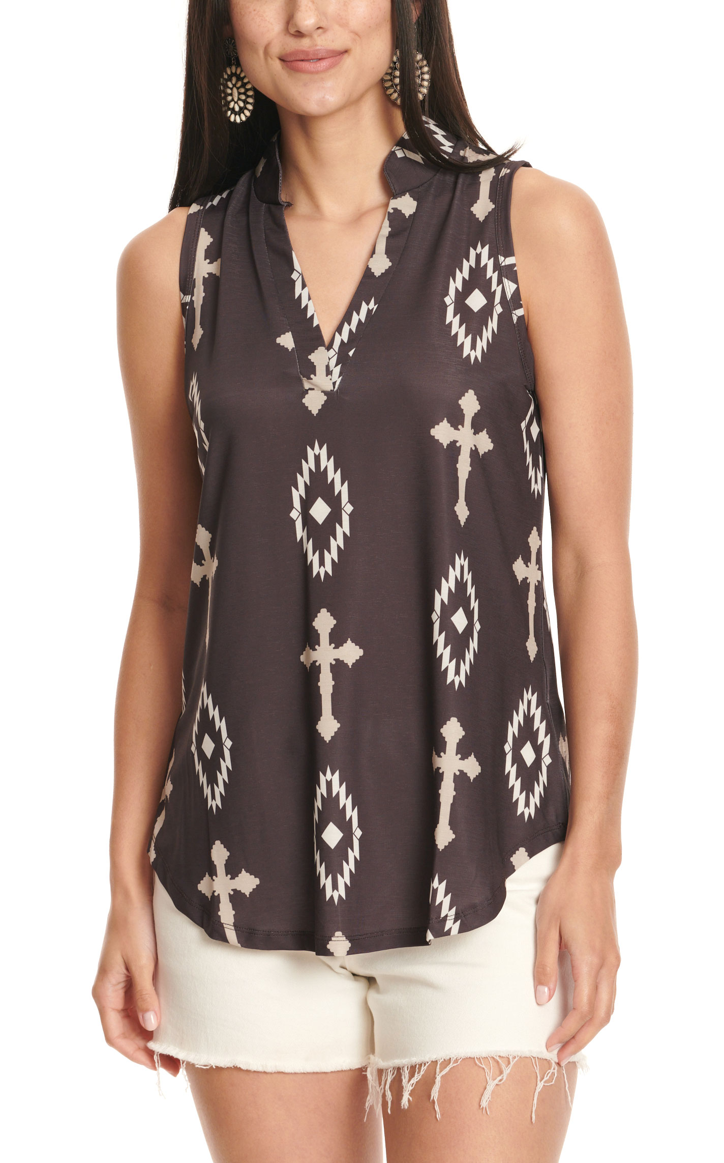 Cowgirl Hardware Women's Brown & Taupe Aztec Cross Print Top  - Image 1