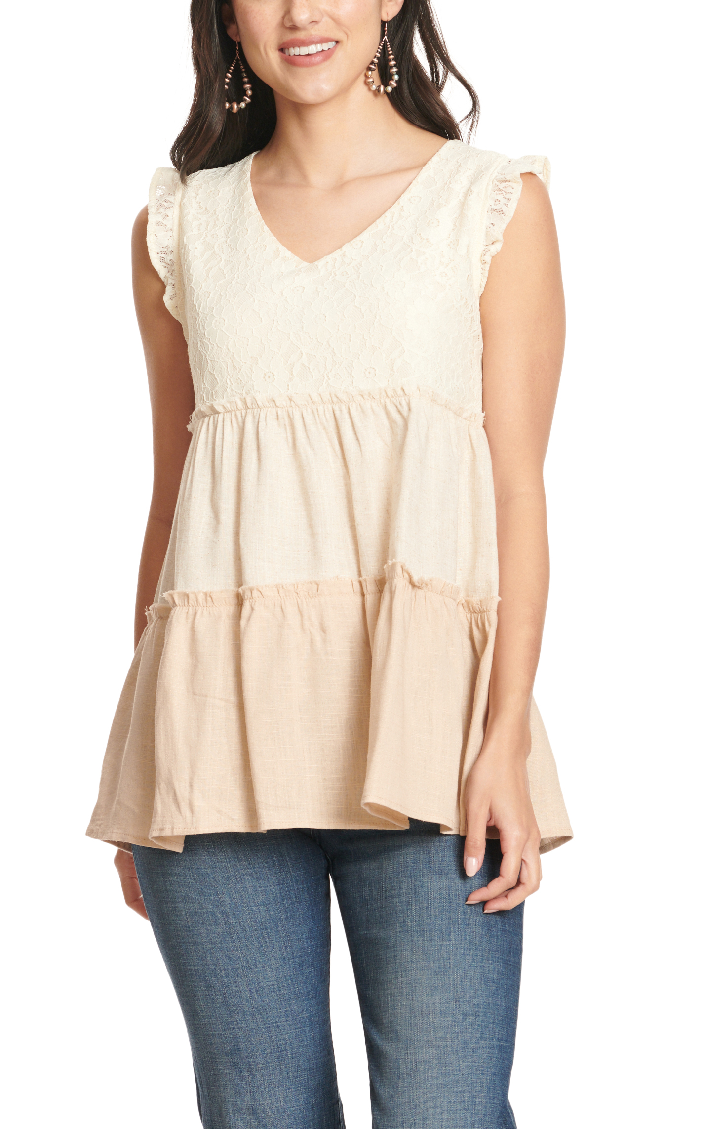 MAZIK Women's Cream Lace Oat & Blush Tiered Ruffle Top - Image 1