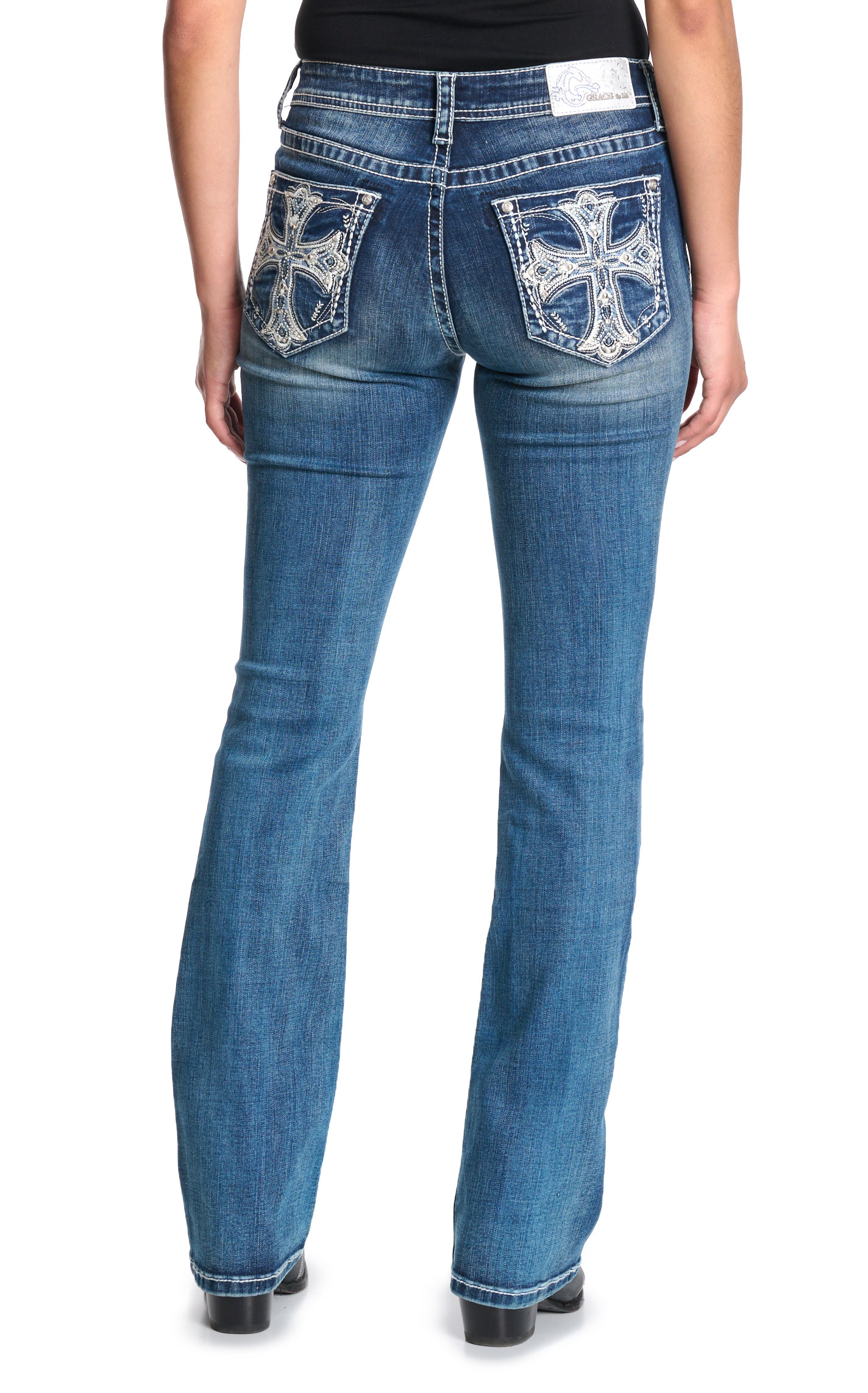 Grace in L.A. Women's Medium Wash Crosses Boot Cut Jeans - Image 1